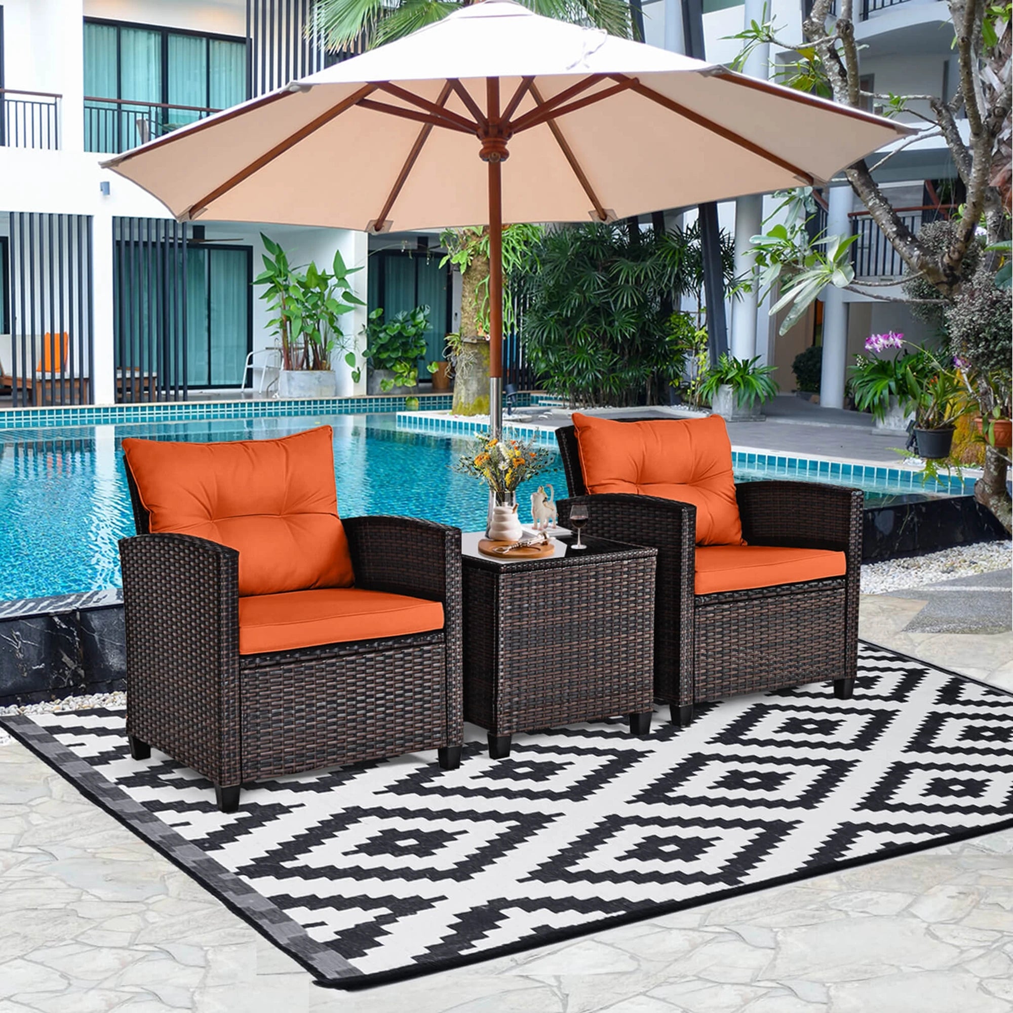 3-Piece Rattan Patio Furniture Set Including 2 Chairs and a Table