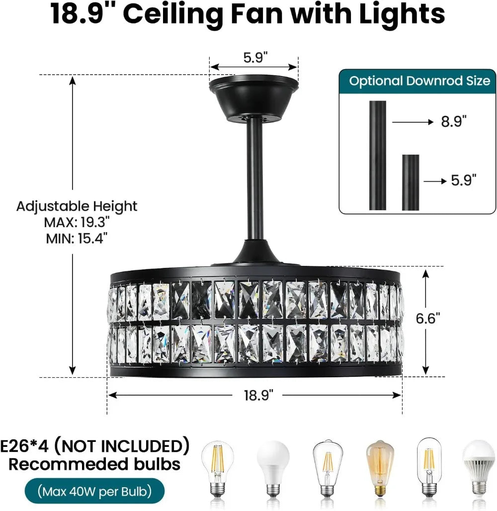 18.9 Inch Crystal Caged Ceiling Fan with Light