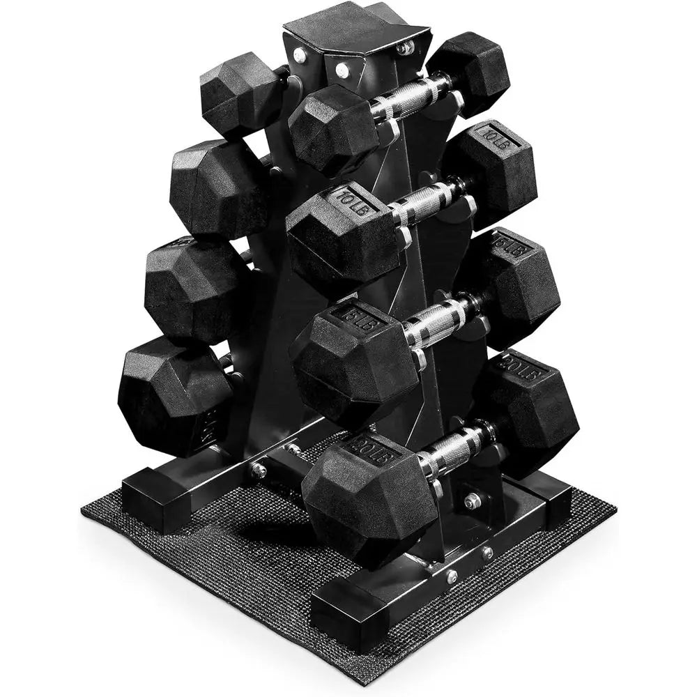 Rubber Coated Hex Dumbbell Set With Storage Rack