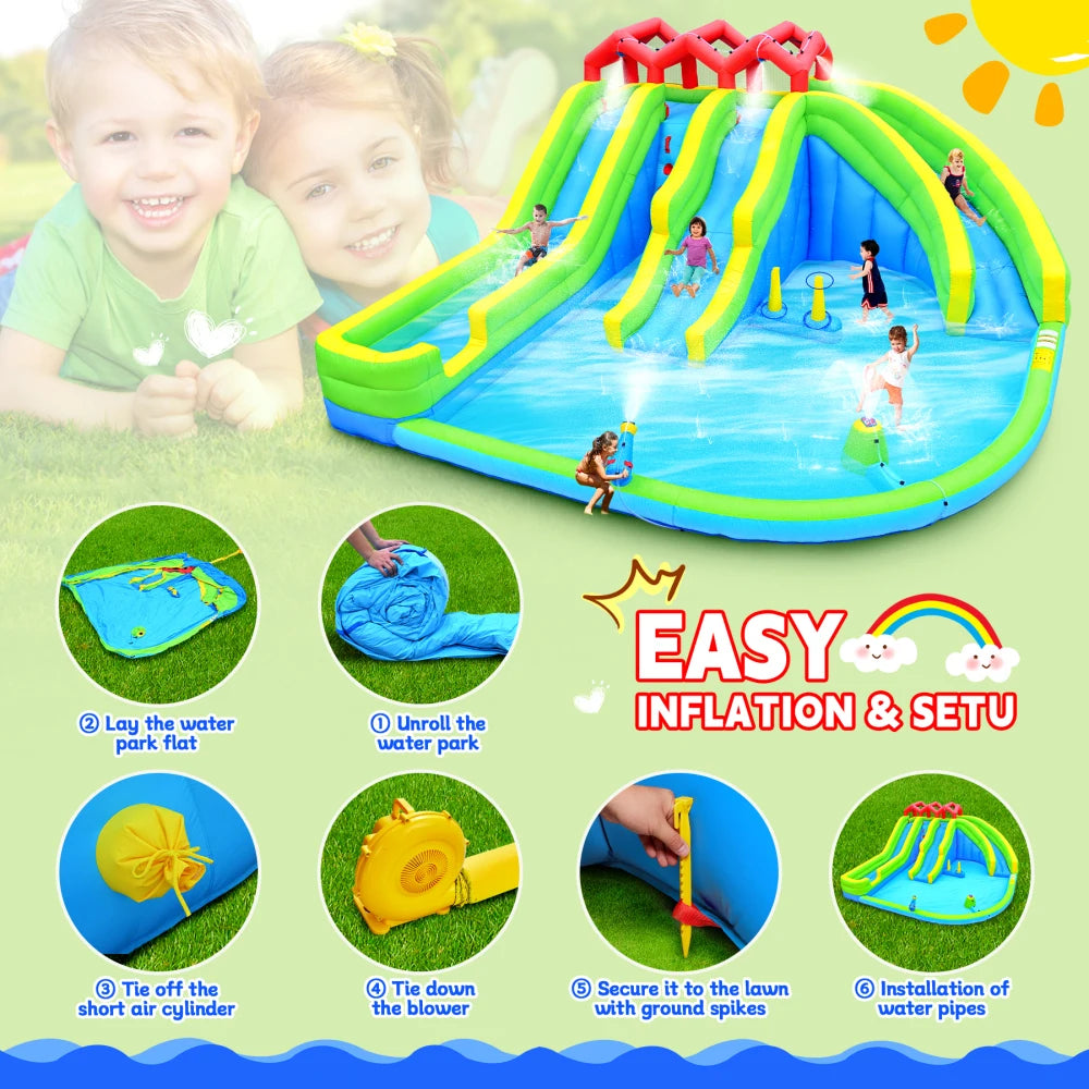 7 In 1 Inflatable Water Park with Three Slides and Blower