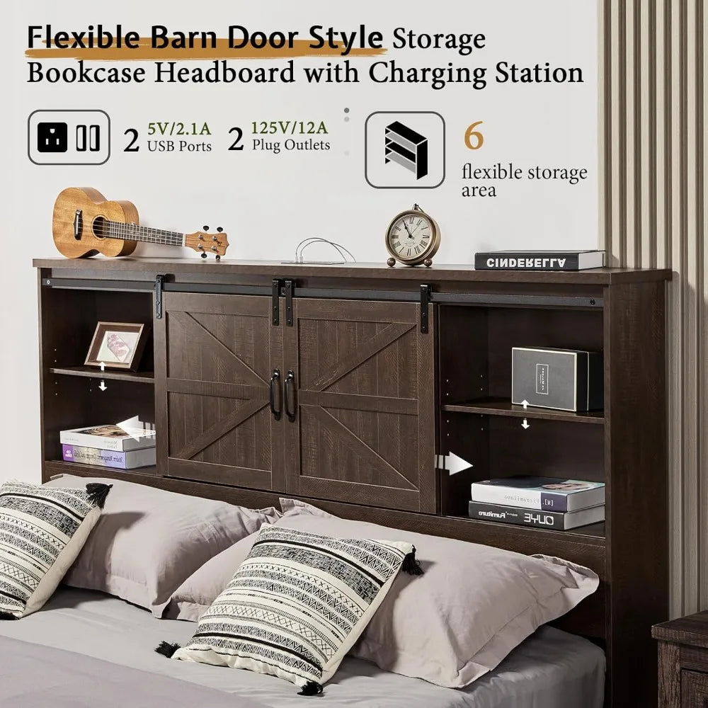 Queen Size Wooden Platform Storage Bed with Storage and Charging Station