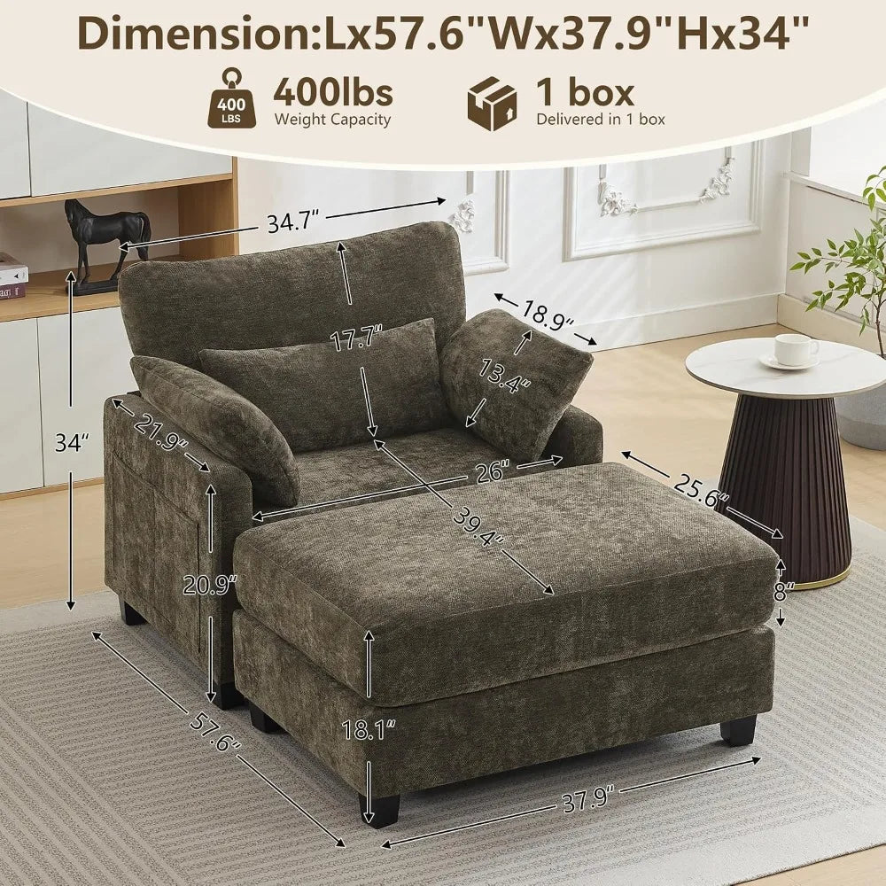 57.5" Oversized Indoor Chenille Chaise Lounge with Ottoman