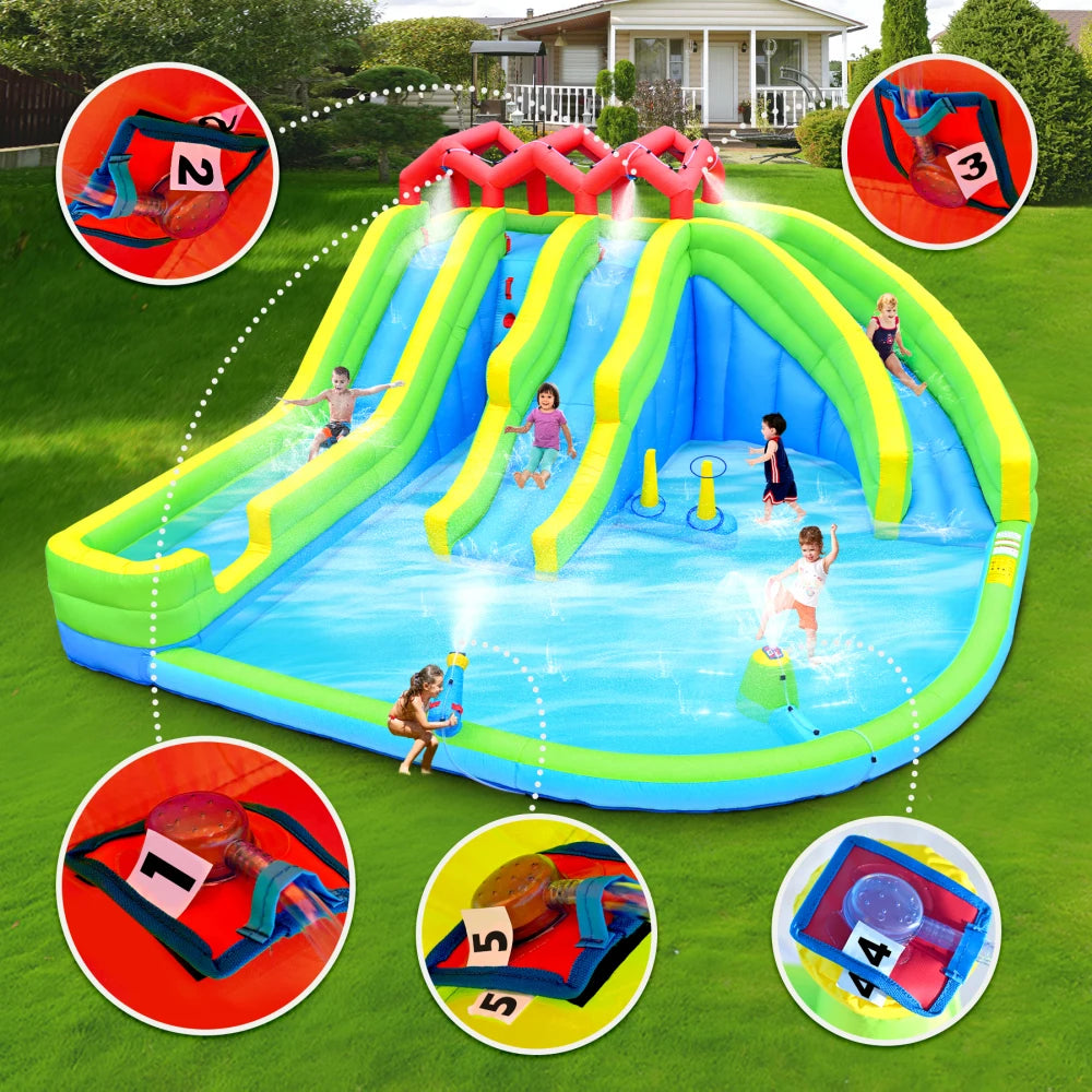 7 In 1 Inflatable Water Park with Three Slides and Blower