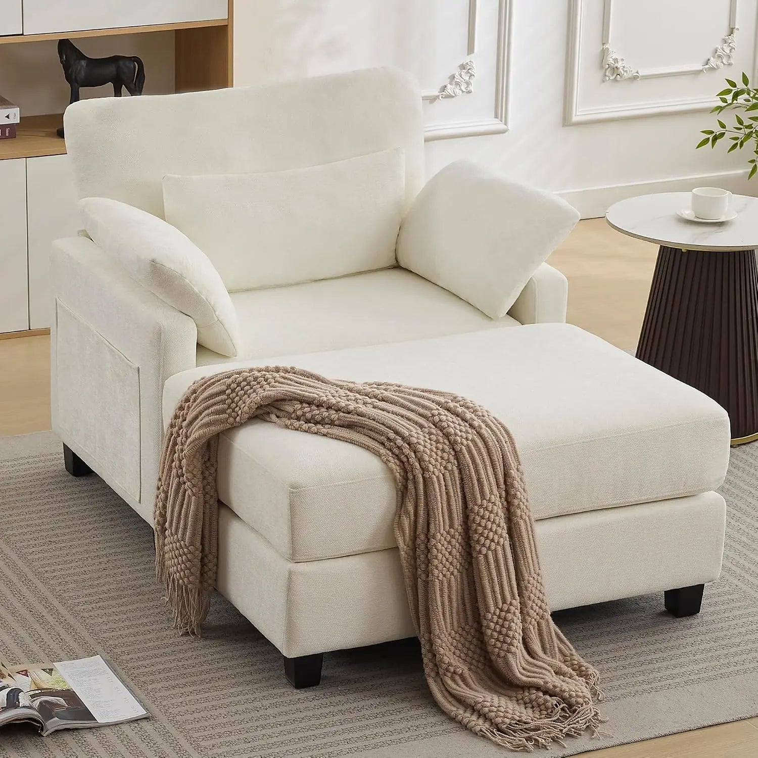 57.5" Oversized Indoor Chenille Chaise Lounge with Ottoman