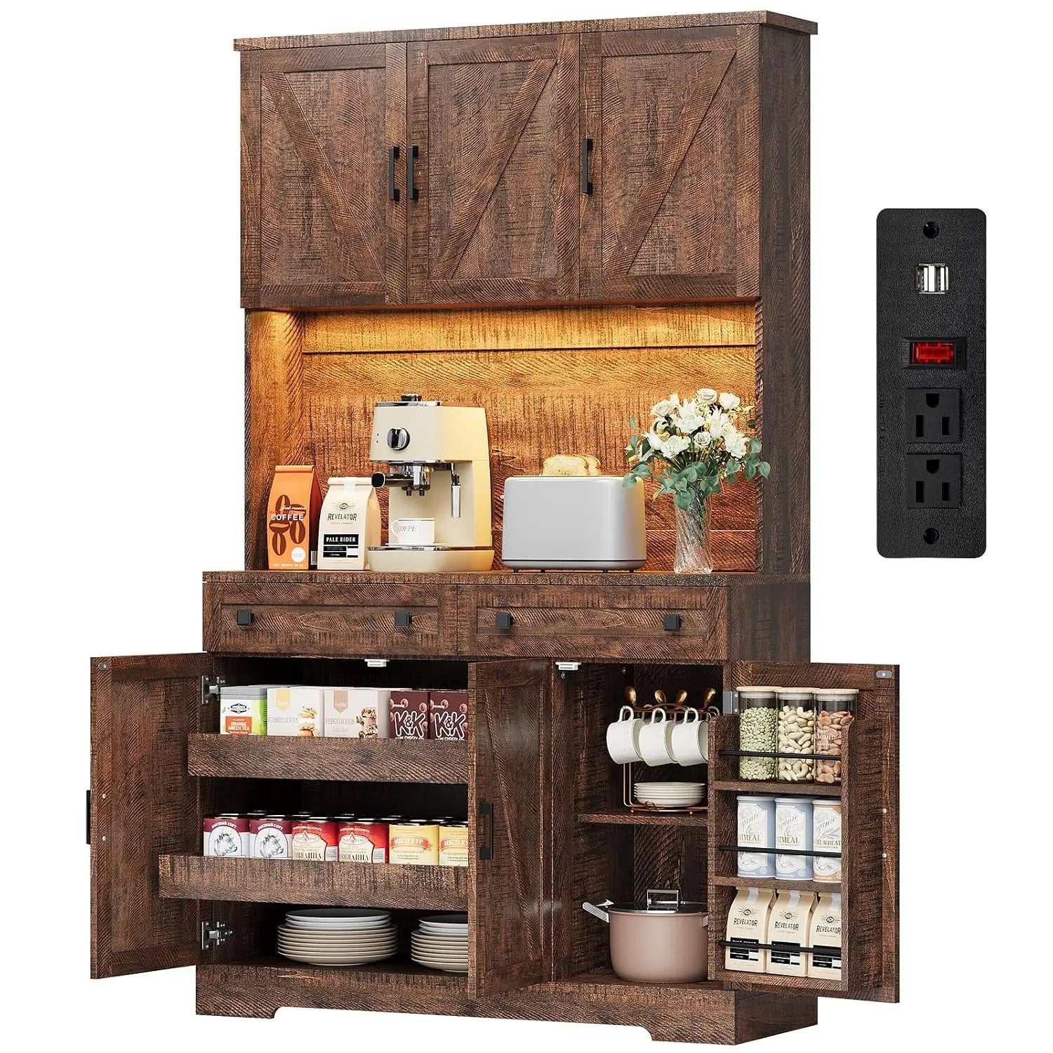71" Kitchen Pantry Cabinet with Charging Station & LED Lights, Tall Kitchen Storage Cabinet with Hutch, Farmhouse, Customized