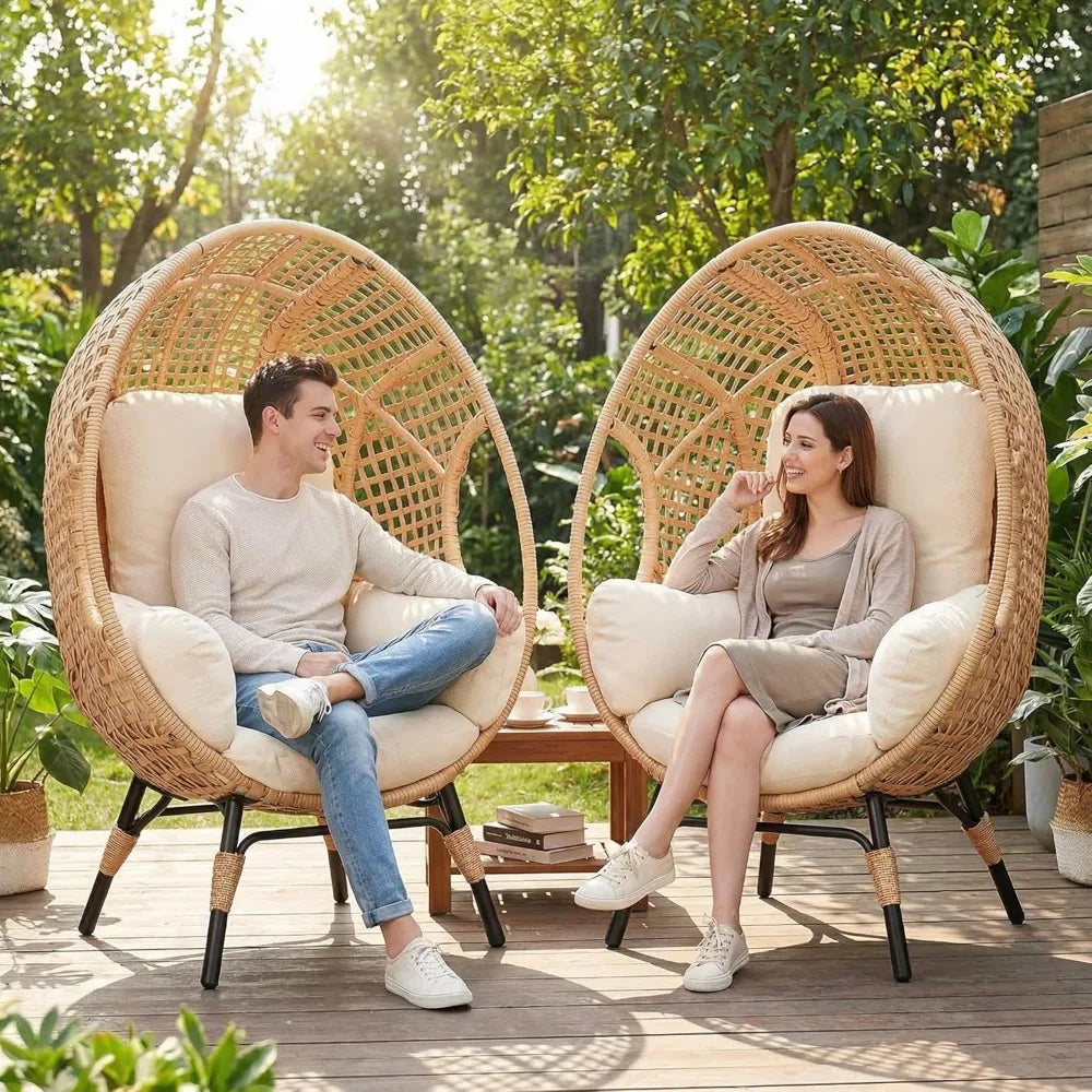 2 Pcs Oversized Wicker Egg Chair with Cushions