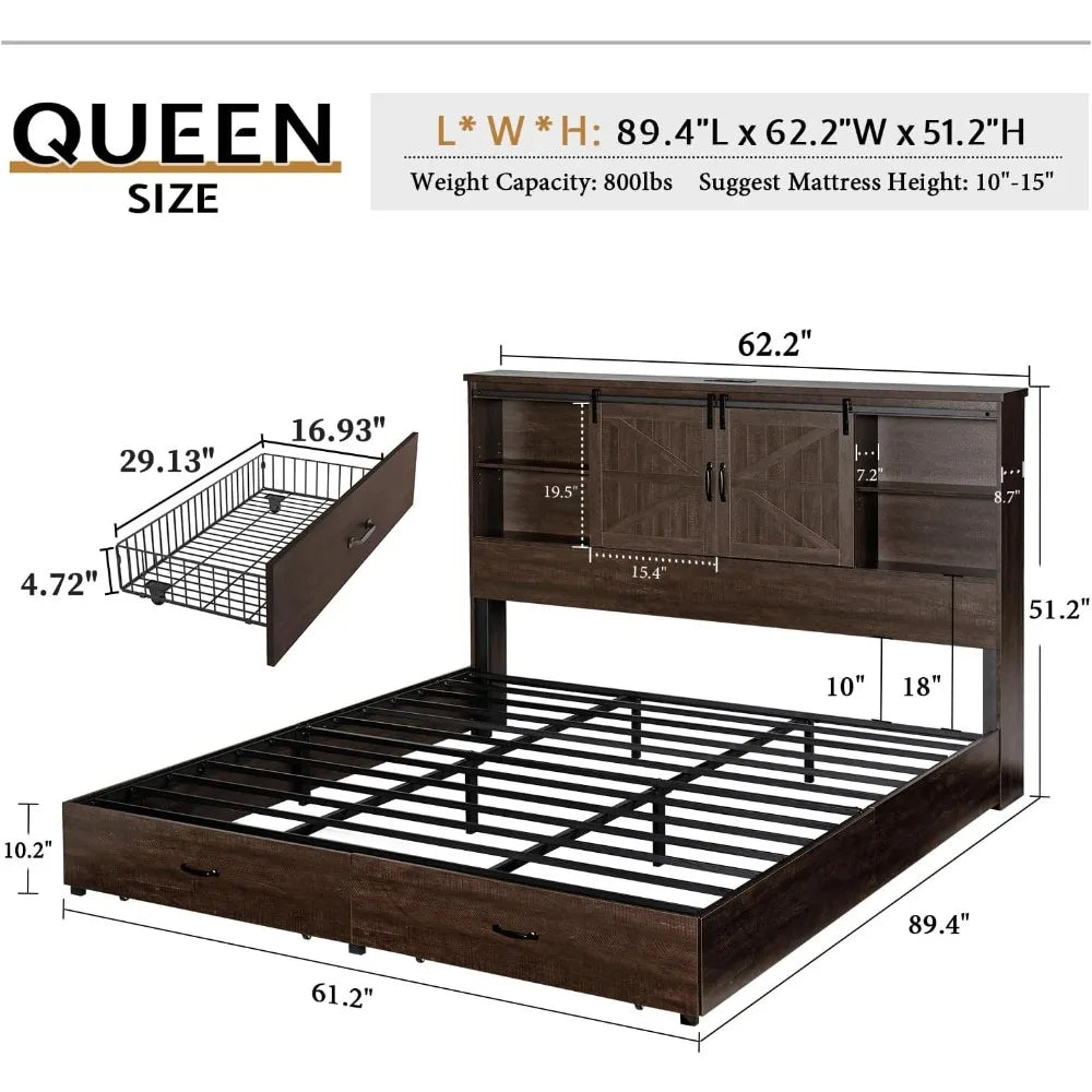 Queen Size Wooden Platform Storage Bed with Storage and Charging Station