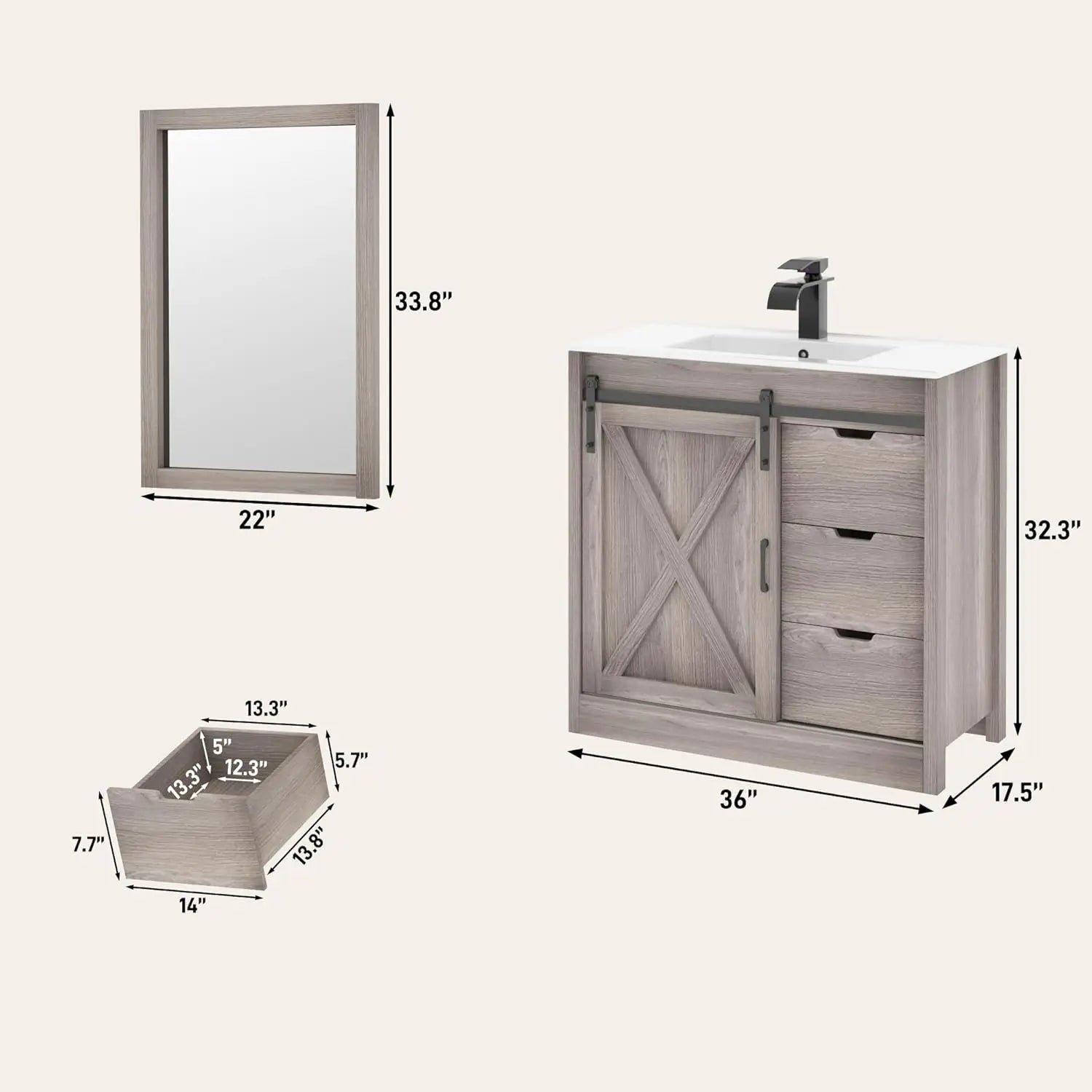 36 Bathroom Vanity Sink Faucet Mirror Farmhouse Cabinet Barn Door Drawers Bath Storage Grey, Custom