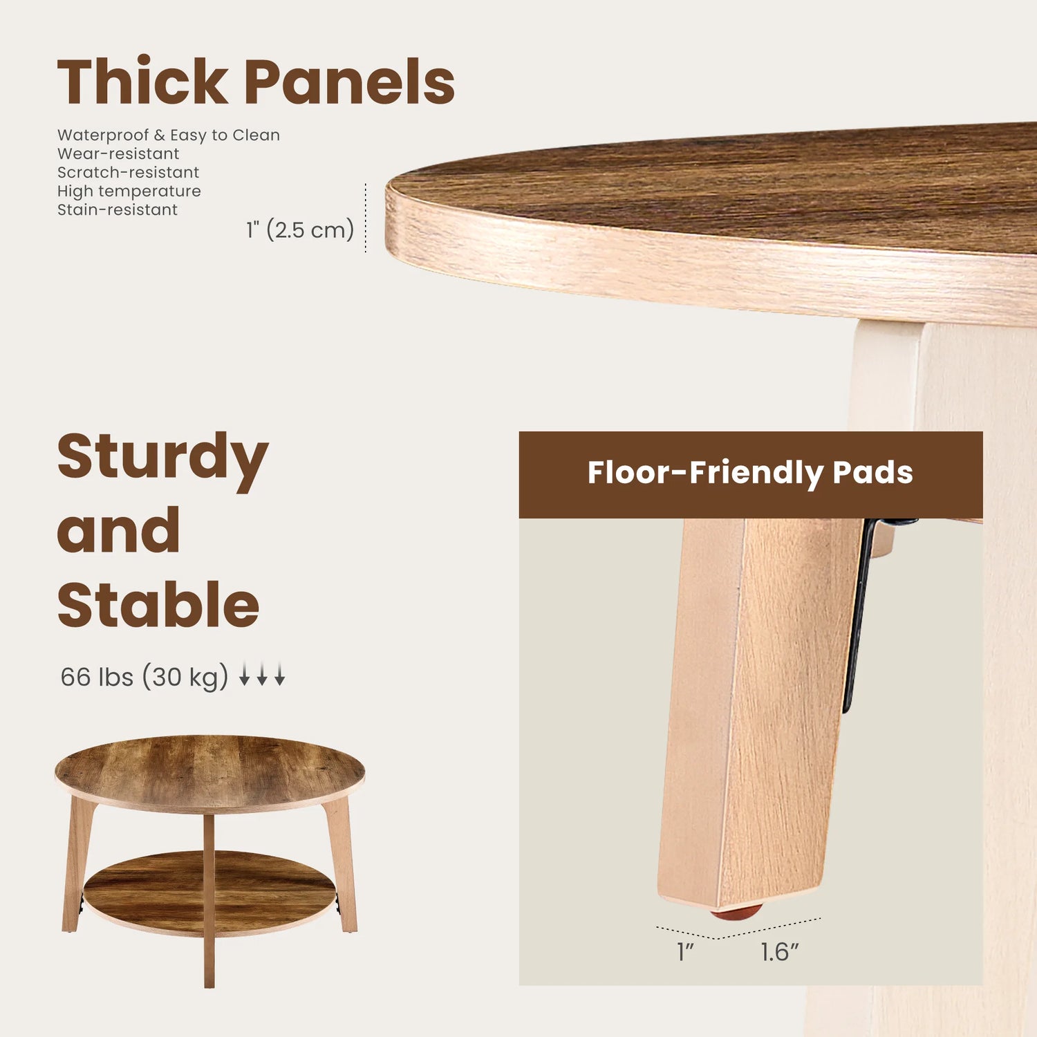 JHK 32 Inch Round Wood Coffee Table