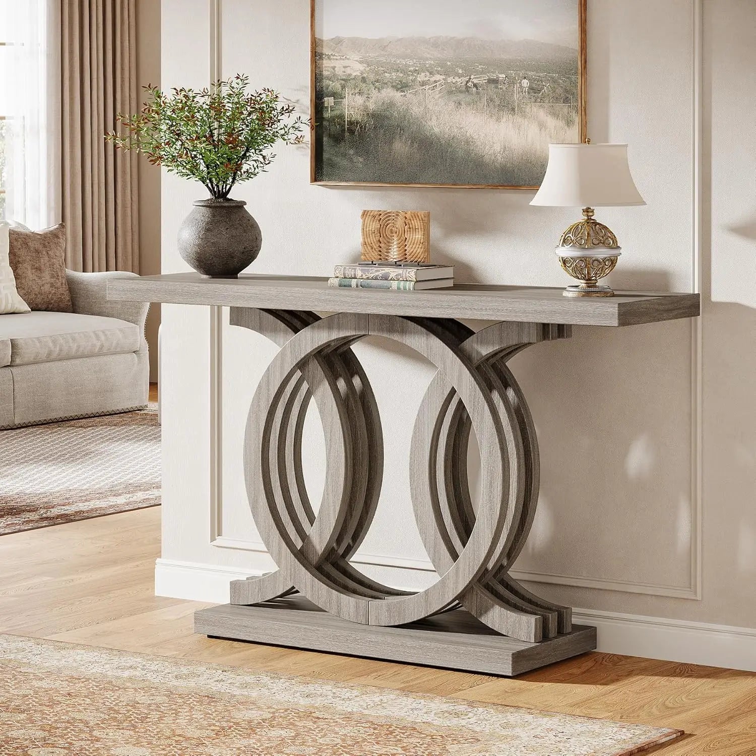 55 Inch Modern Design Console Table with Geometric Wood Base