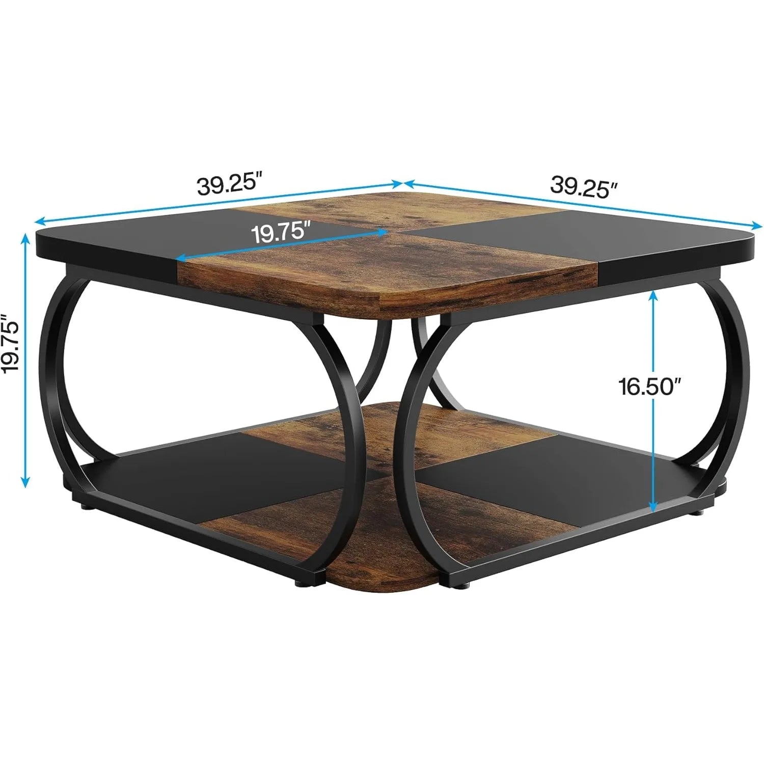 Square Coffee Table with 2 Tiers, 40 inches Low Farmhouse Coffee Table with Wood Storage Shelf for Modern Living Room