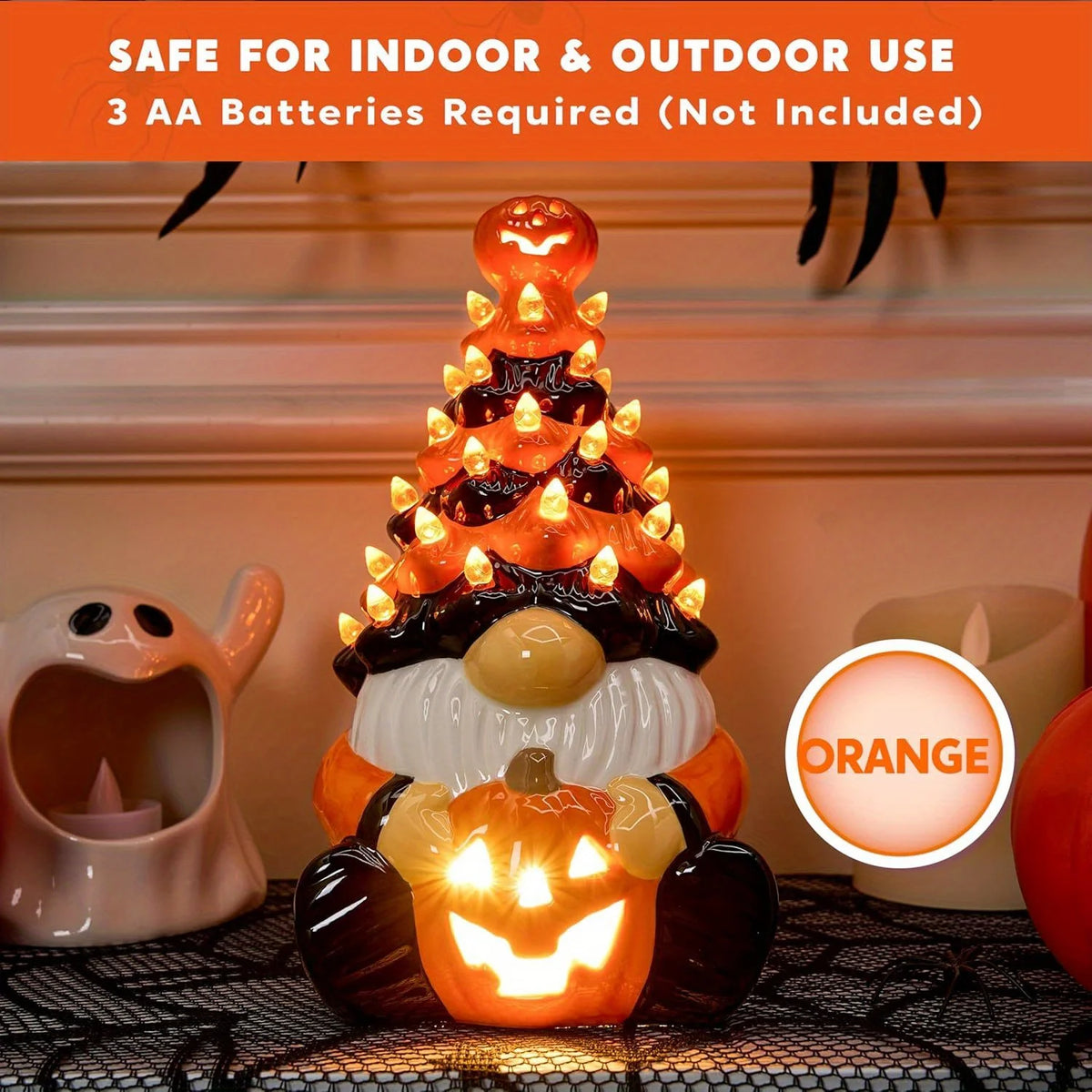 8.5 inch Tall Ceramic Pumpkin Gnome with Build-in LED Lights