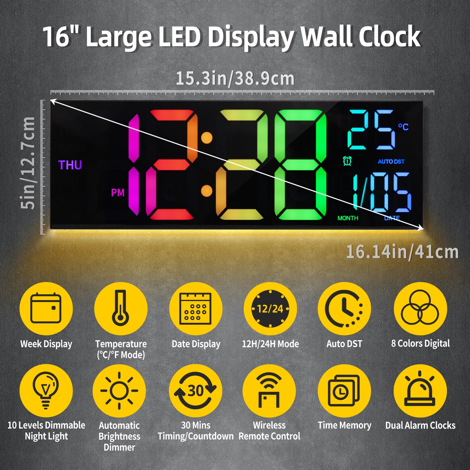 Large Digital Wall Clock, LED Display with Remote