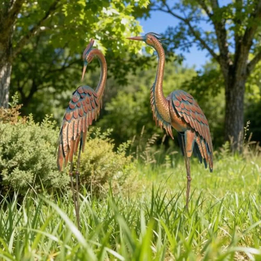 Distressed Bronze Metal Cranes Outdoor Garden Decor