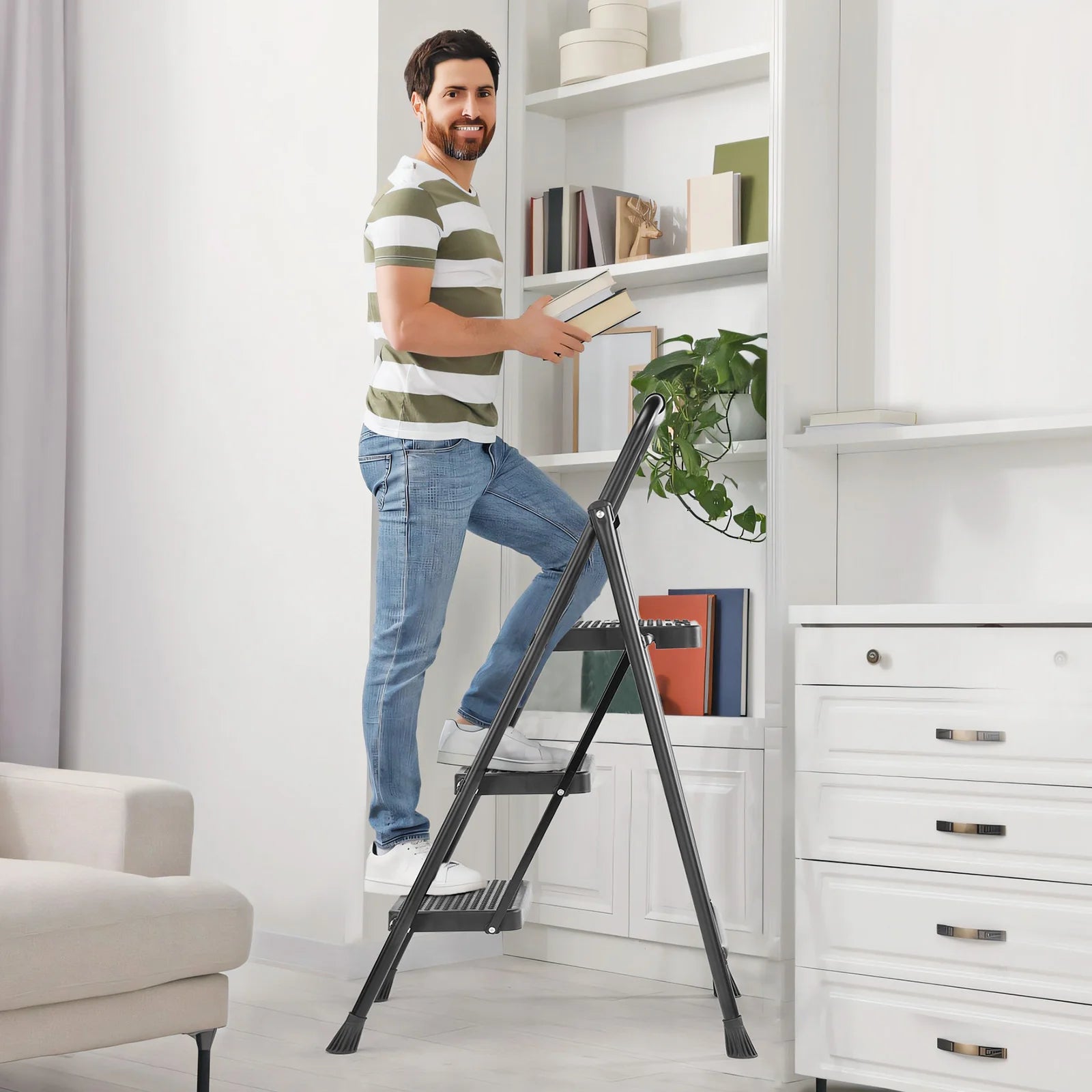 JHK Folding 800 Pound Capacity 2 or 3 Step Ladder Stool with Anti-Slip Pedal