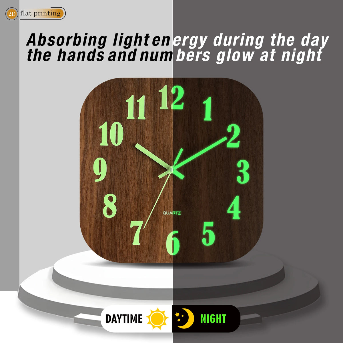 Square Glow-in-the-Dark Wall Clock with Bright Luminescent Numbers