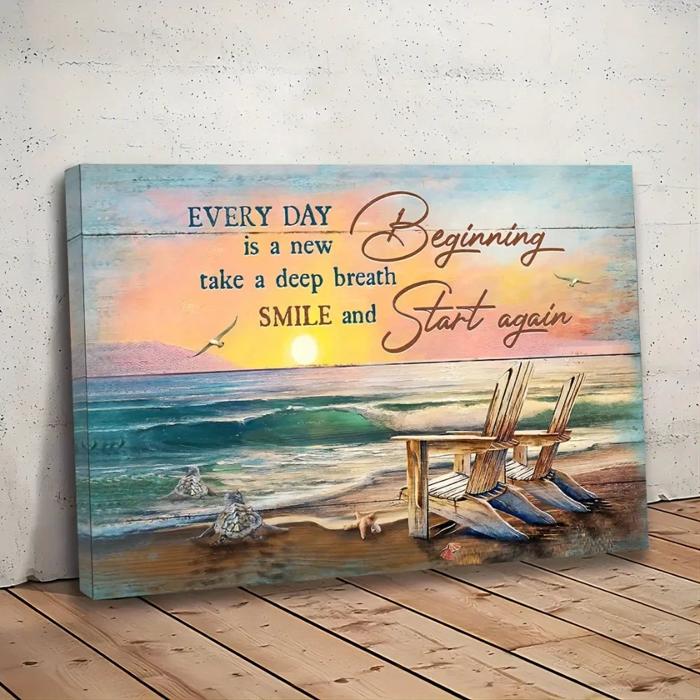Beach Sunrise Scene Wall Art with Inspirational Quote