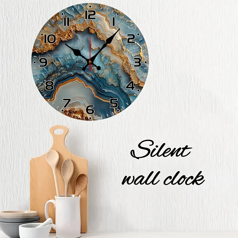 10-Inch Silent Wall Clock with a Marble Backdrop and Wood Veneer