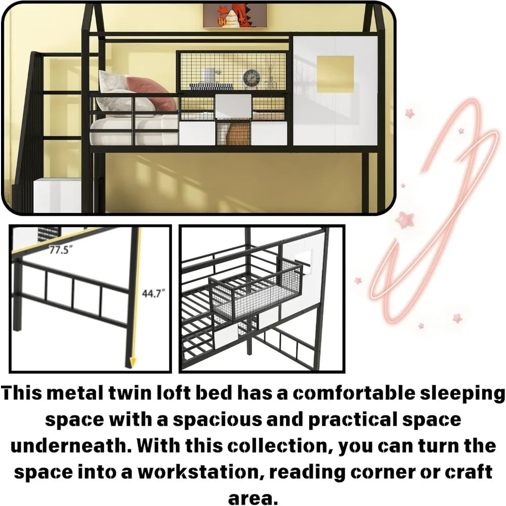 Twin Size House Loft Bed with Stairs and Storage Box