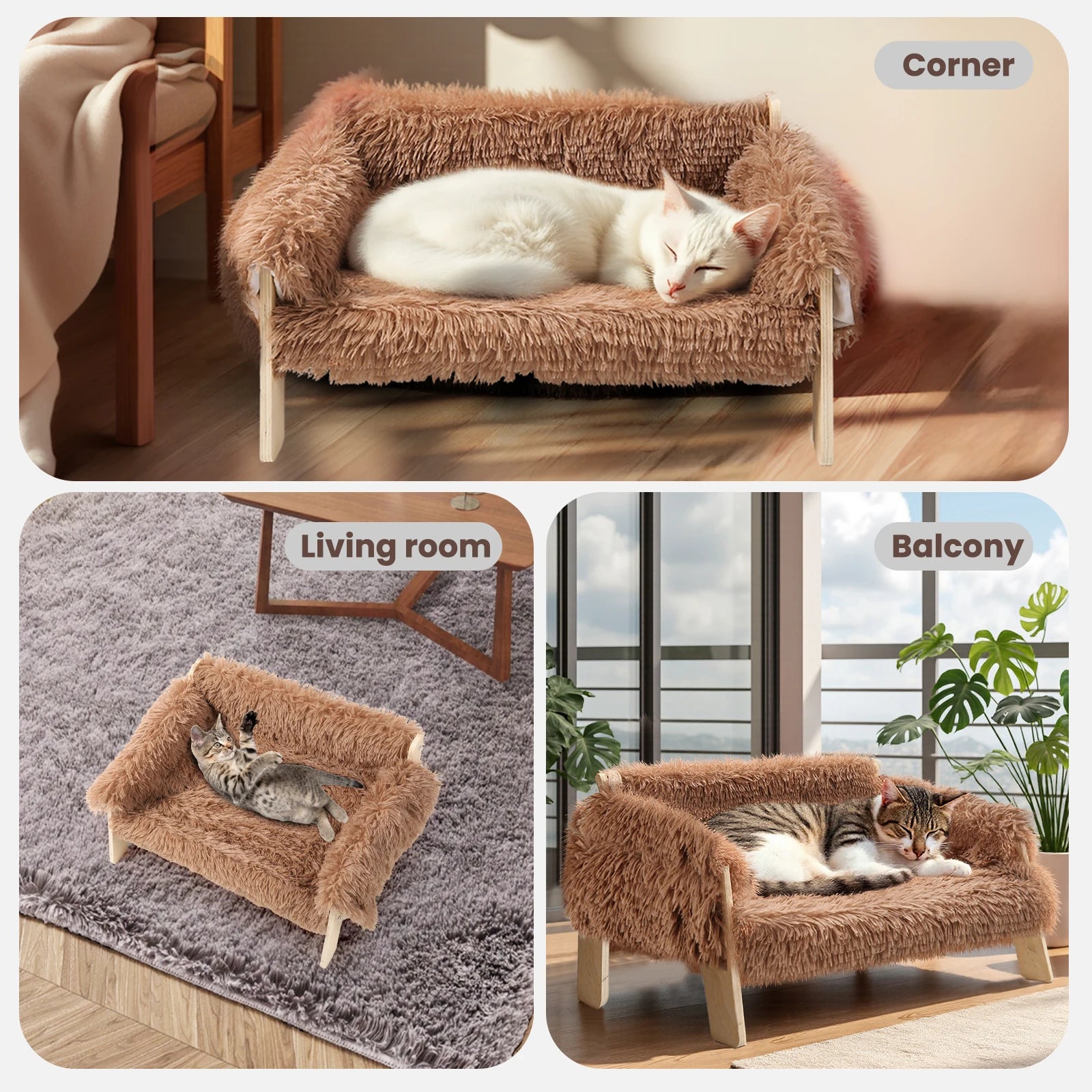 Large Wooden Leg Raised Plush Pet Sofa