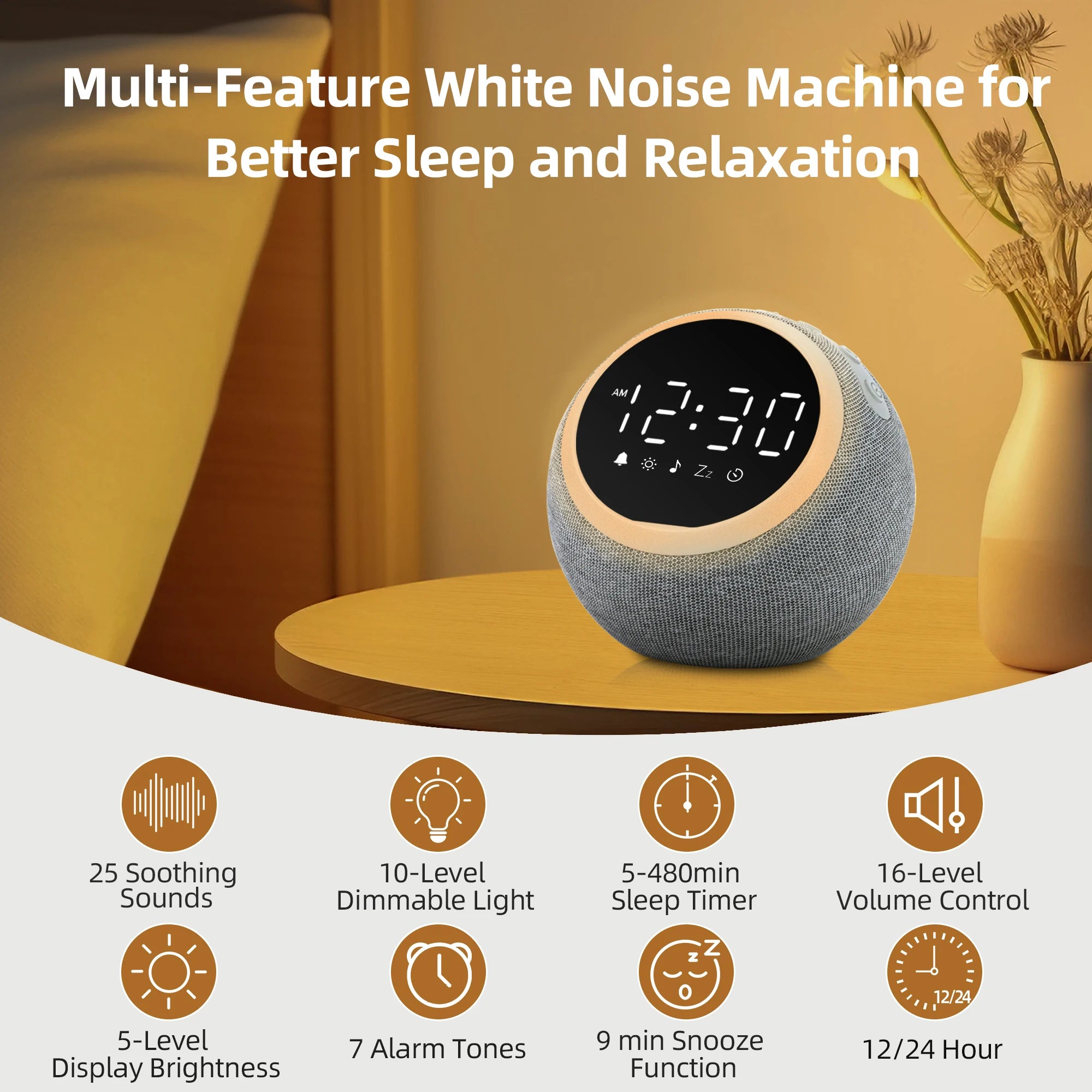 White Noise Alarm Clock with Night Light and Sleep Timer