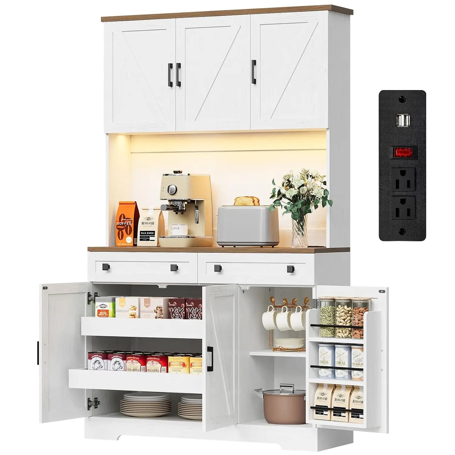 71" Kitchen Pantry Cabinet with Charging Station & LED Lights, Tall Kitchen Storage Cabinet with Hutch, Farmhouse, Customized