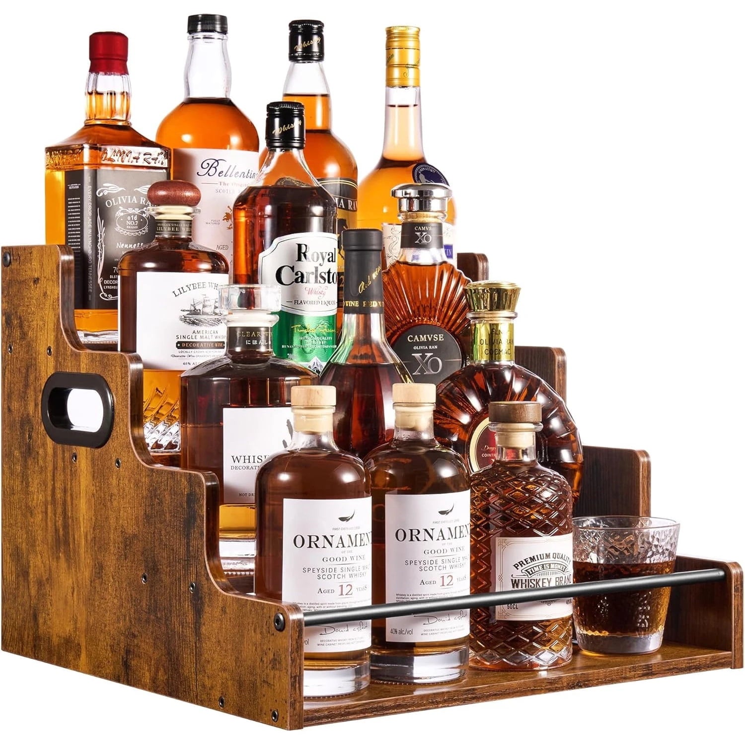 Liquor Bottle Display Shelf, Coffee Syrup Rack Organizer, 3 Step Countertop Liquor Wine Rack, mini bar,liquor cabinet, Home Retro Bar Shelf Stand for Liquor Whiskey, Spirits