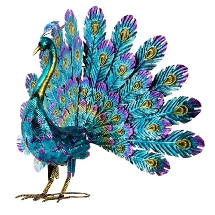 Vibrant Outdoor Metallic Peacock Yard Statue