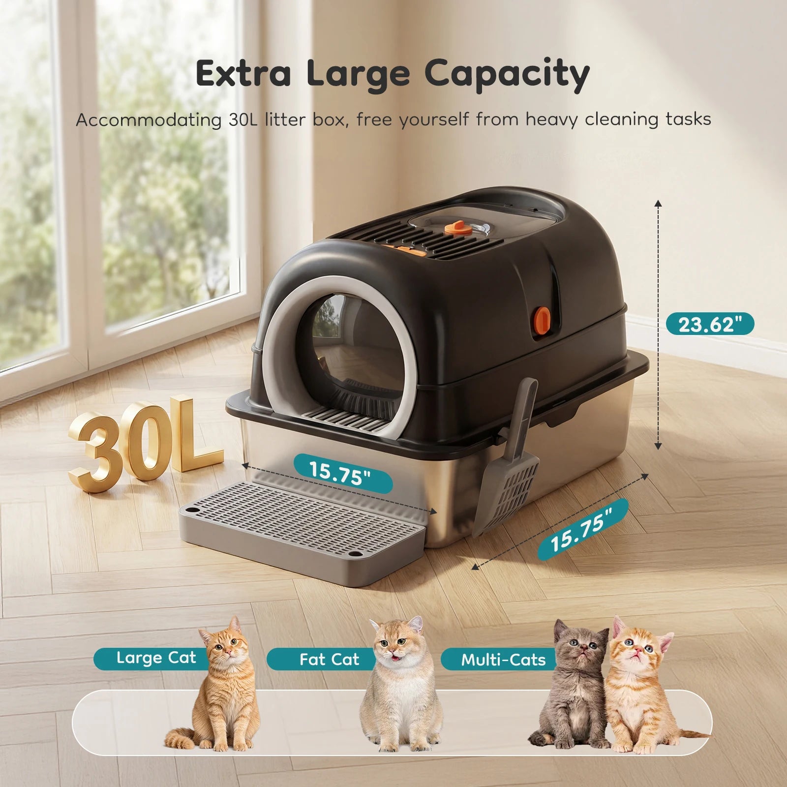 JHK 24 Inch Fully Enclosed Stainless Steel Cat Litter Box