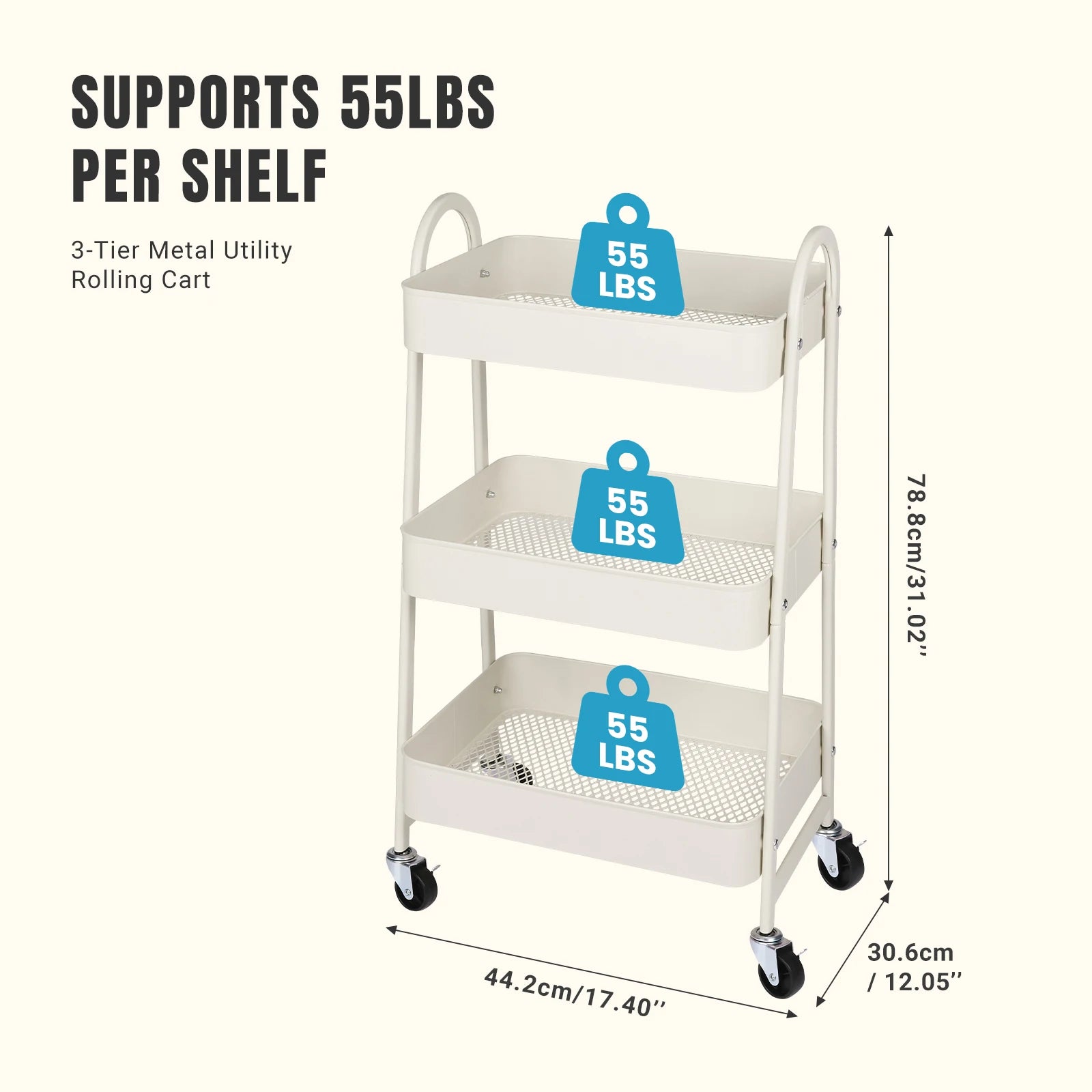 JHK 3-Tier Metal Kitchen Cart with Lockable Wheels