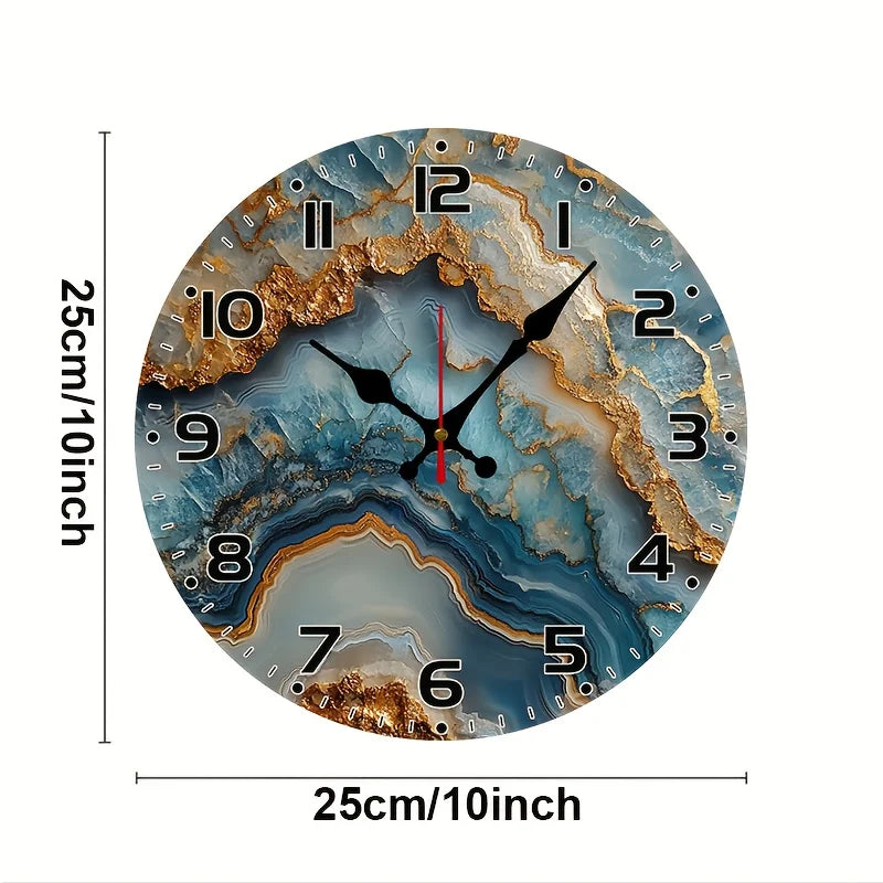 10-Inch Silent Wall Clock with a Marble Backdrop and Wood Veneer