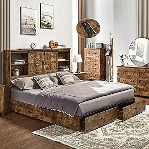 Queen Size Wooden Platform Storage Bed with Storage and Charging Station