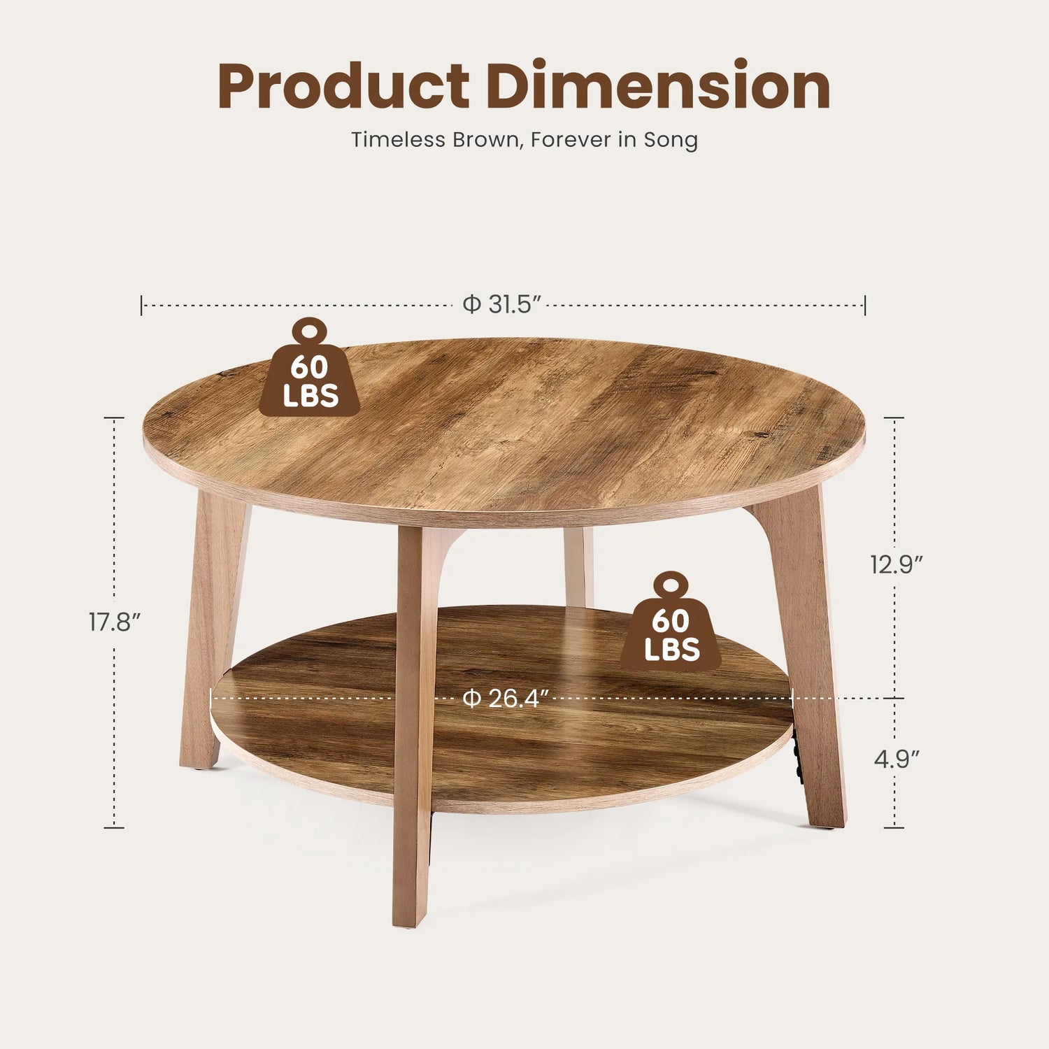 JHK 32 Inch Round Wood Coffee Table