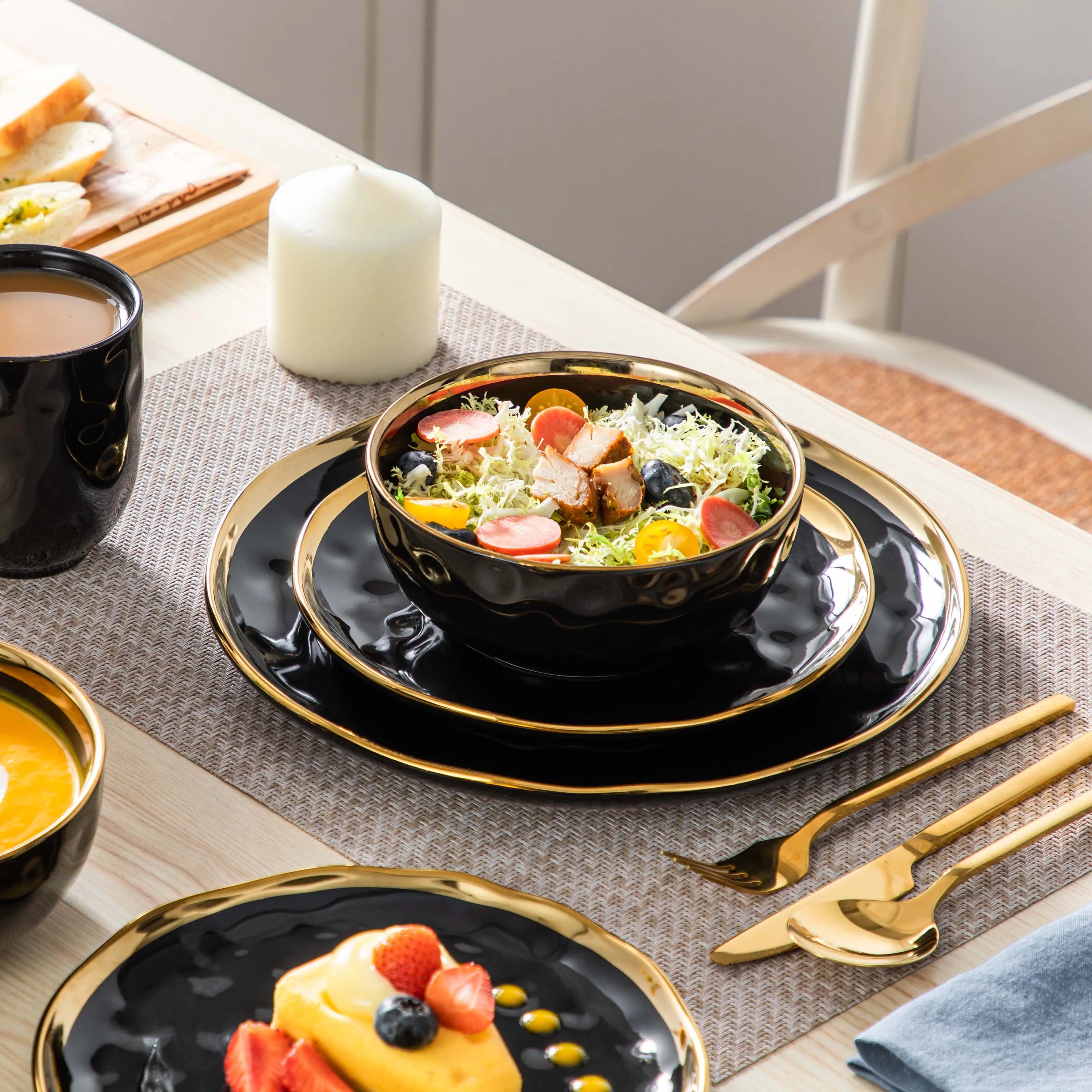 Black with Gold Trim Porcelain Dinnerware Set