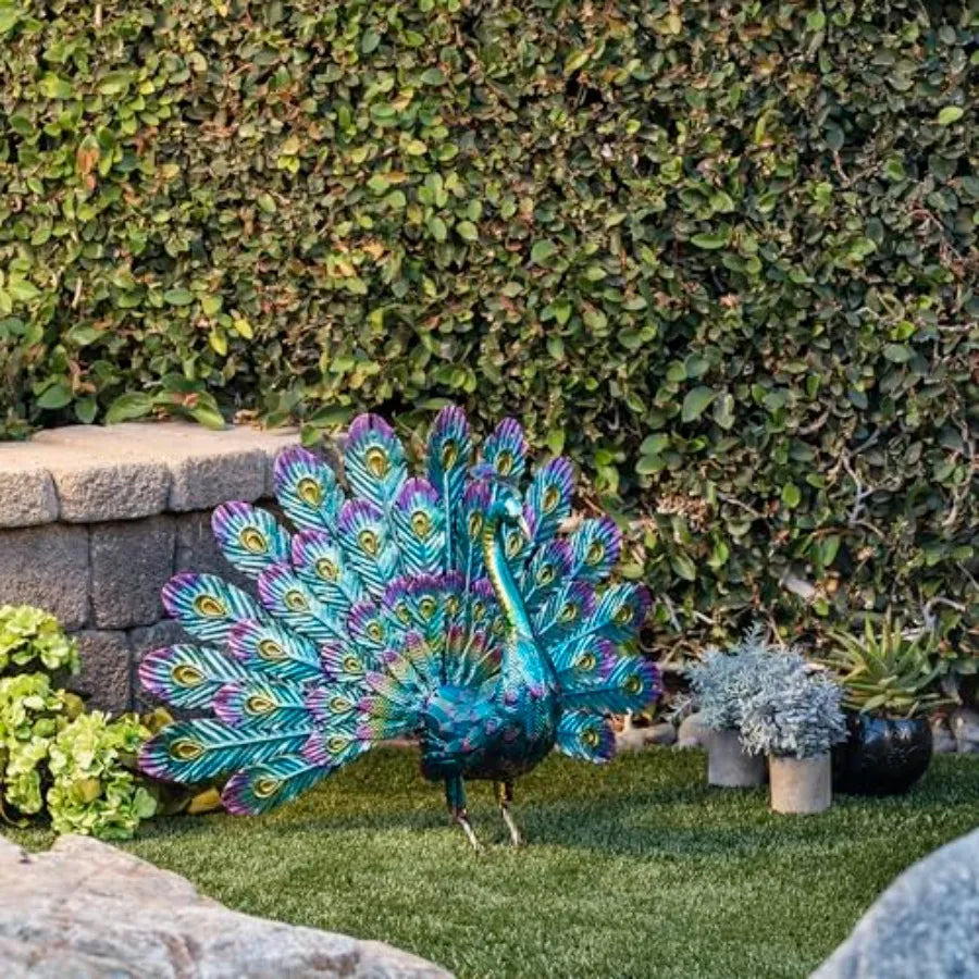 Vibrant Outdoor Metallic Peacock Yard Statue