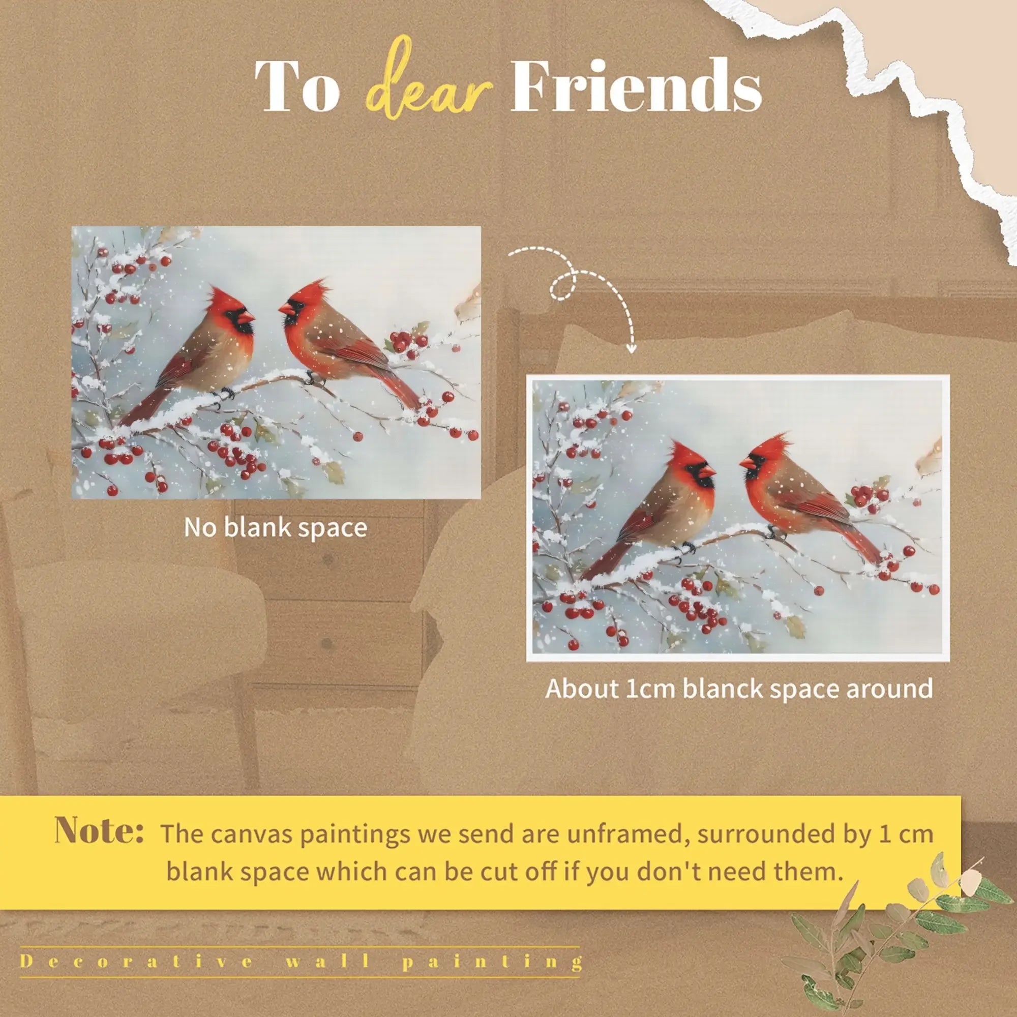 Botanical Canvas Wall Art Featuring Two Cardinals