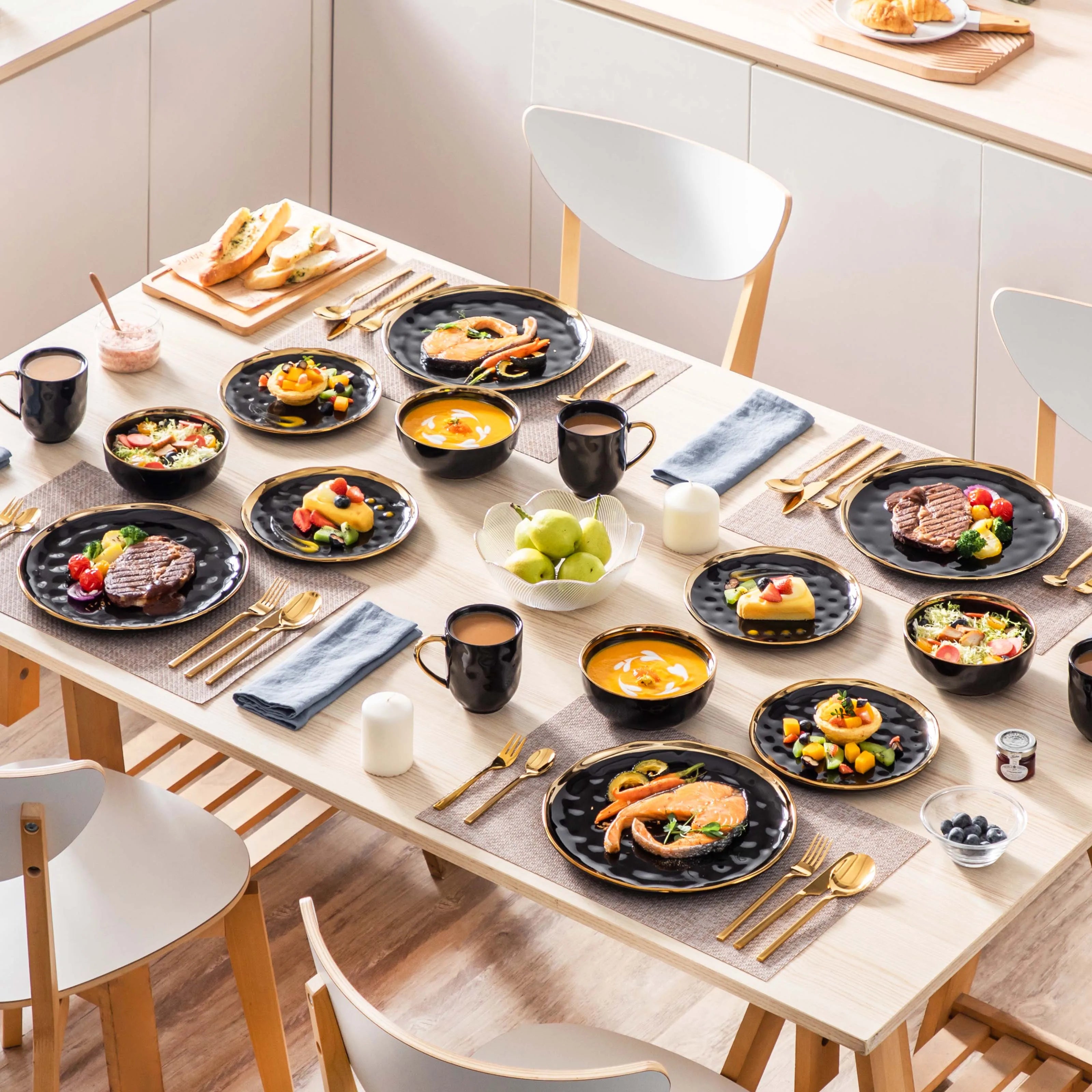 Black with Gold Trim Porcelain Dinnerware Set