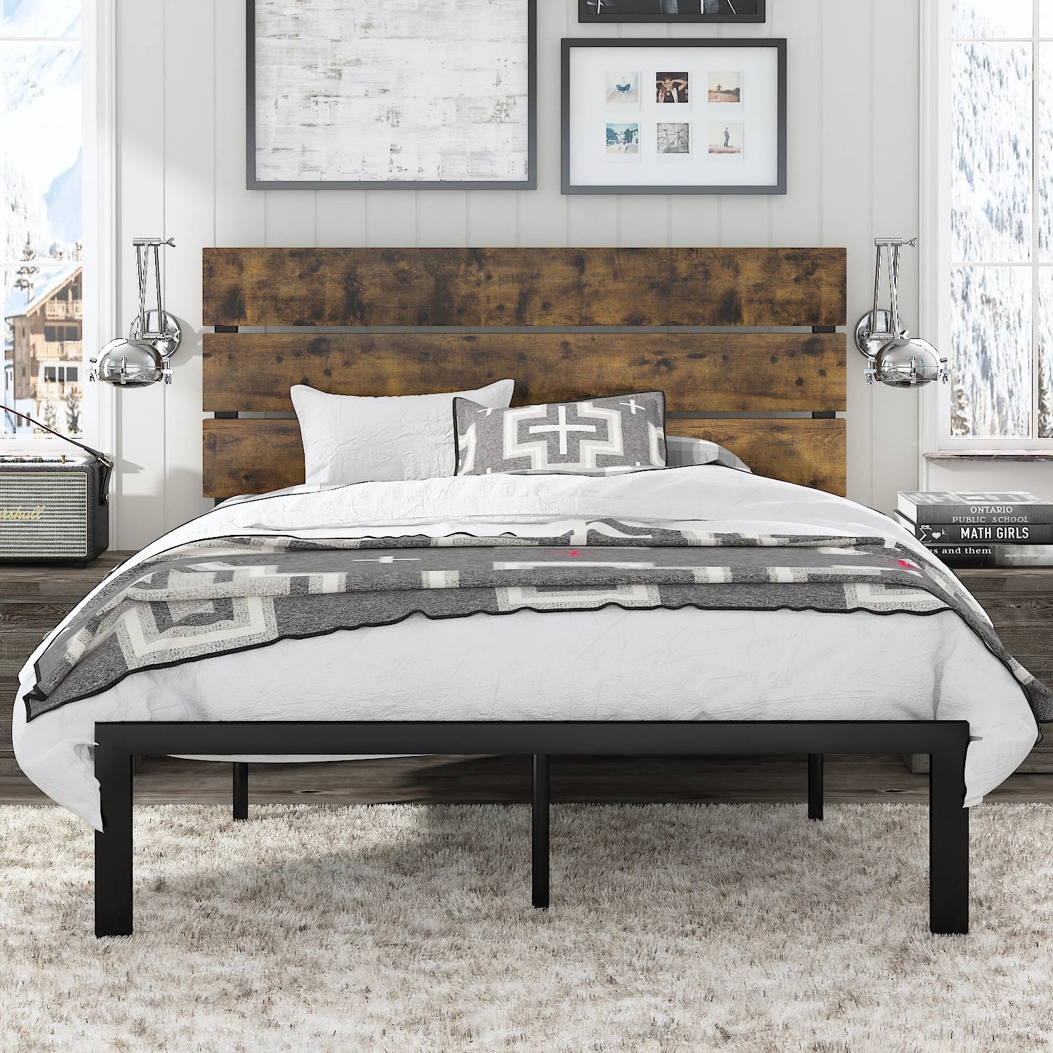 Bed Frame with Rustic Wooden Headboard