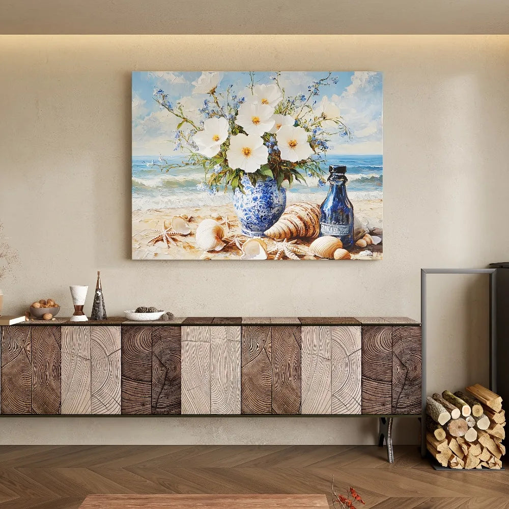 Blue and White Vases with Waterfront Tranquility Wall Art