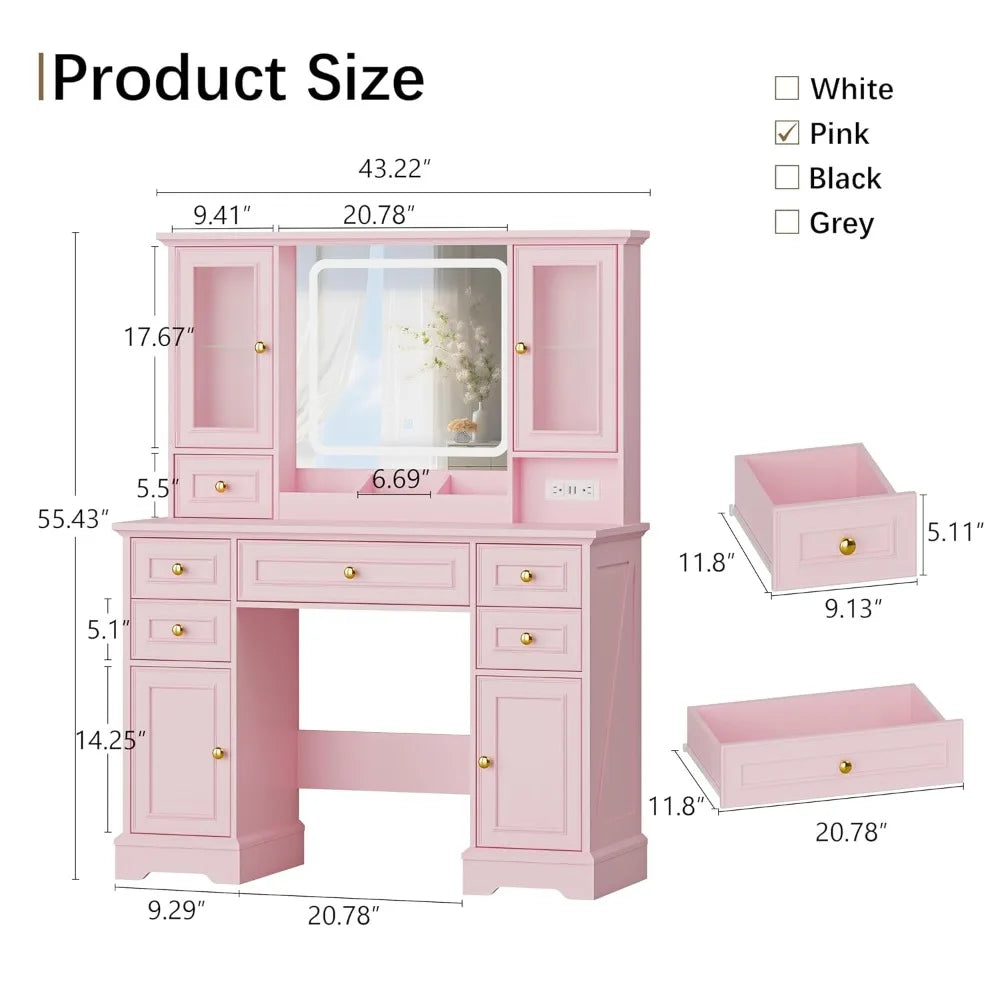 Farmhouse Makeup Vanity with Mirror and Lights, 43&