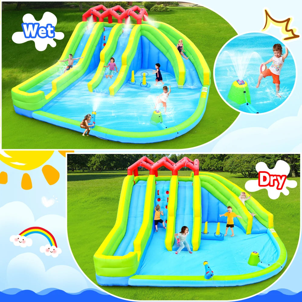 7 In 1 Inflatable Water Park with Three Slides and Blower