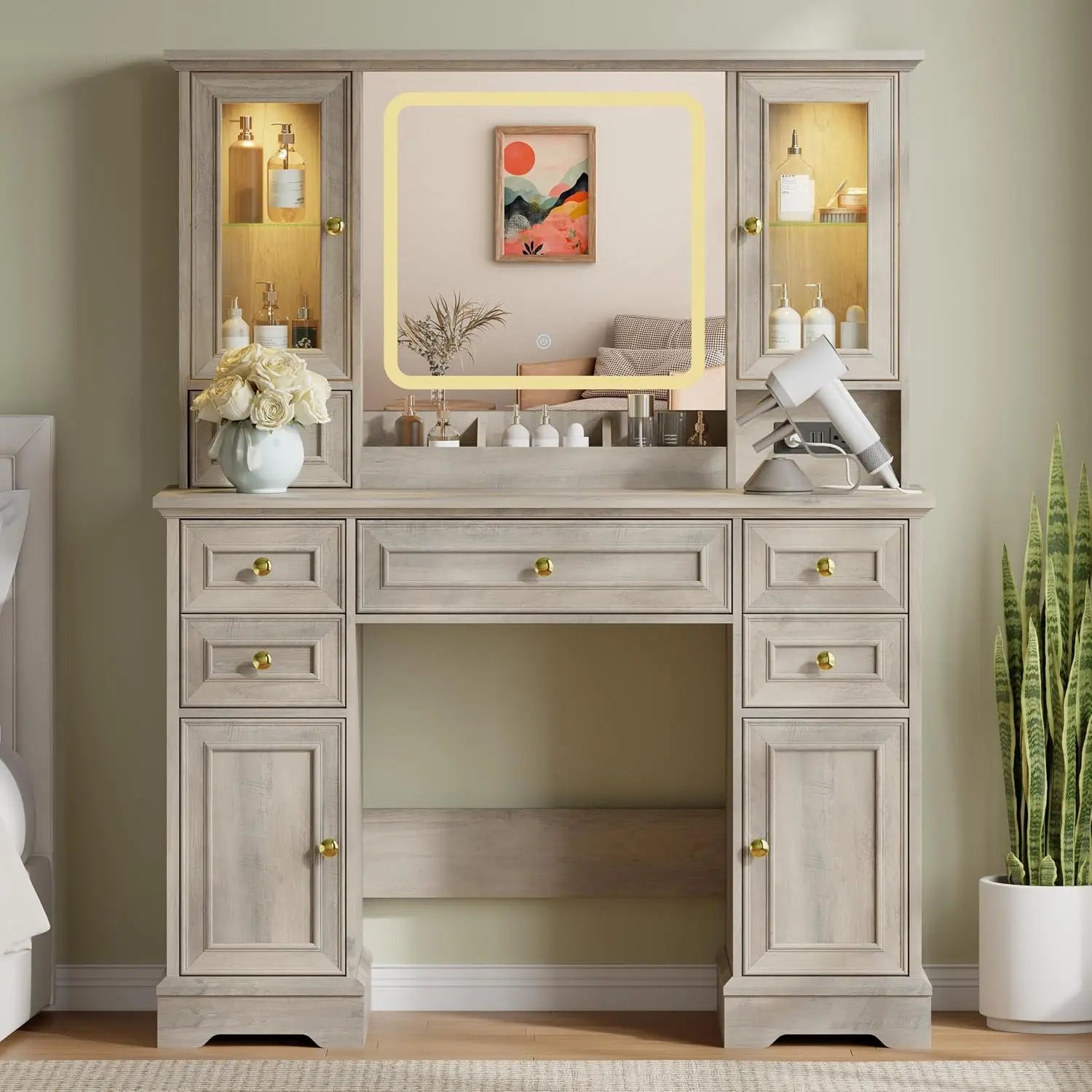 Farmhouse Makeup Vanity with Mirror and Lights, 43&