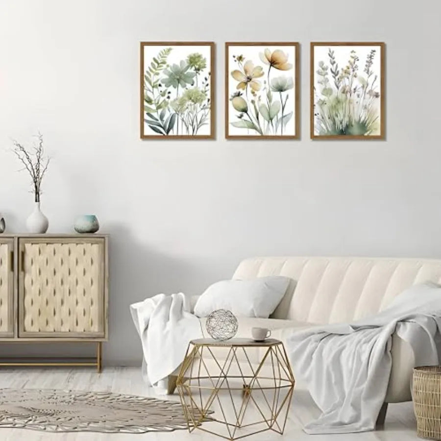 Set of 3 Boho Style Sage Green Botanical Wall Art