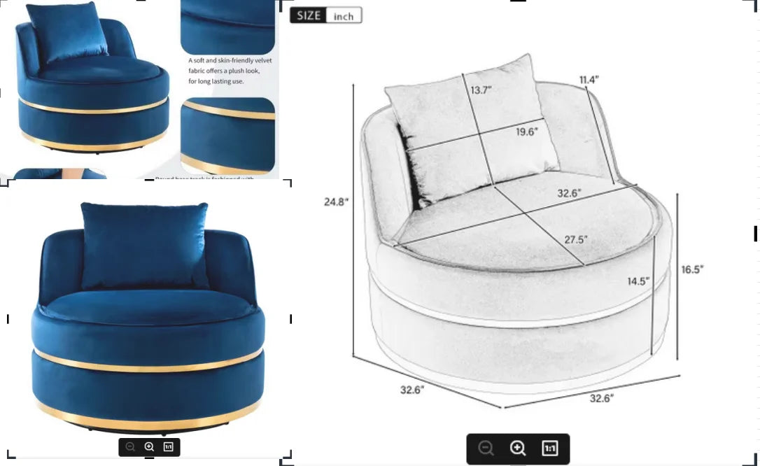 360 Degree Modern Blue Velvet Swivel Accent Chair