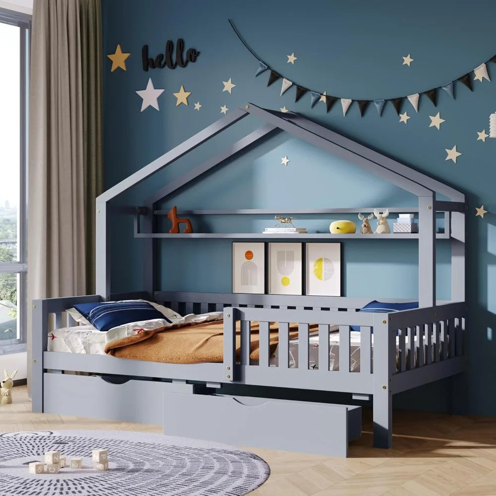 Twin Size House Bed with Storage Drawers & Shel
