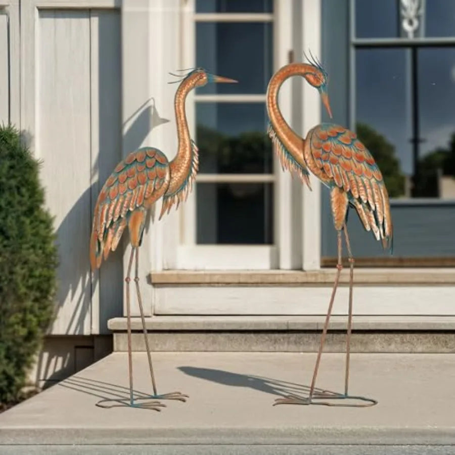 Distressed Bronze Metal Cranes Outdoor Garden Decor