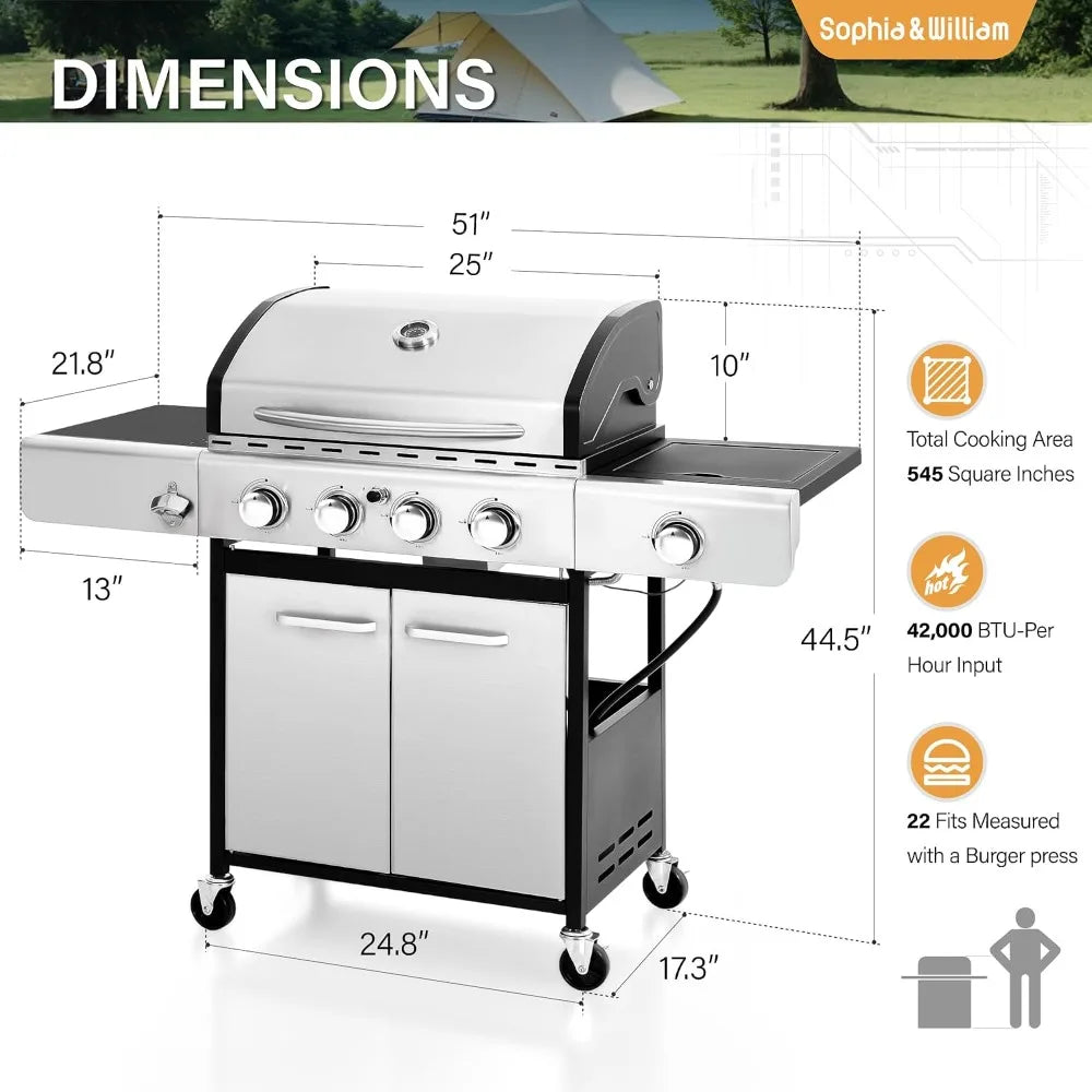4-Burner Propane Gas Grill with Side Burner