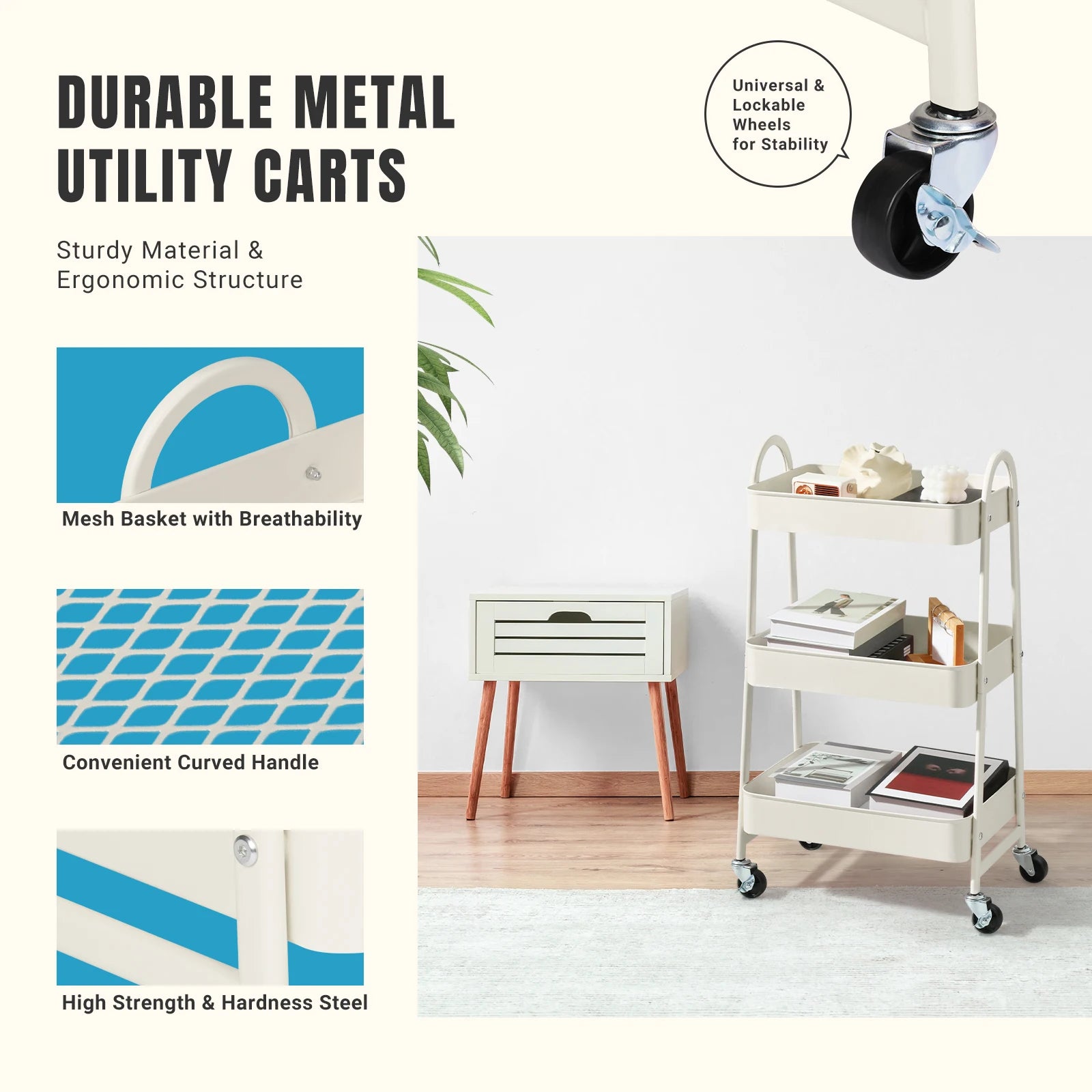 JHK 3-Tier Metal Kitchen Cart with Lockable Wheels