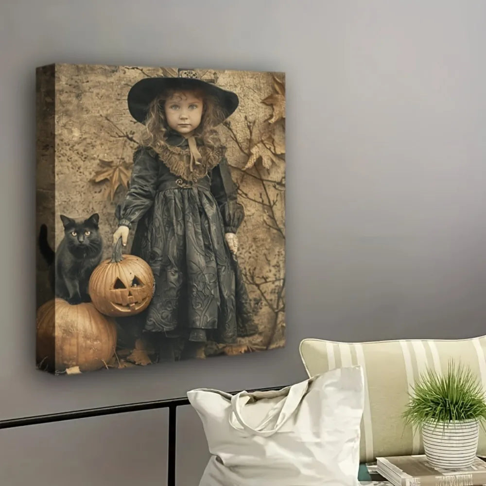 Halloween Cute Witch and Black Cat Wall Art