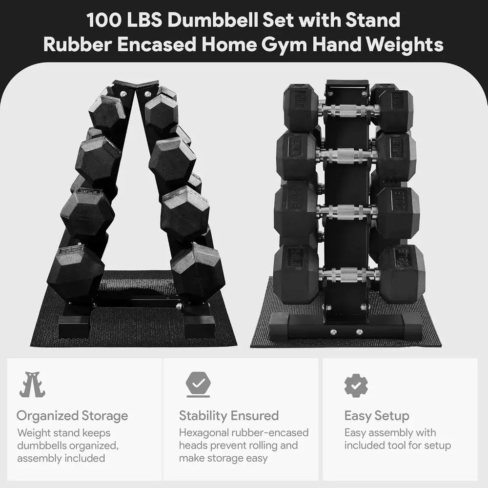 Rubber Coated Hex Dumbbell Set With Storage Rack